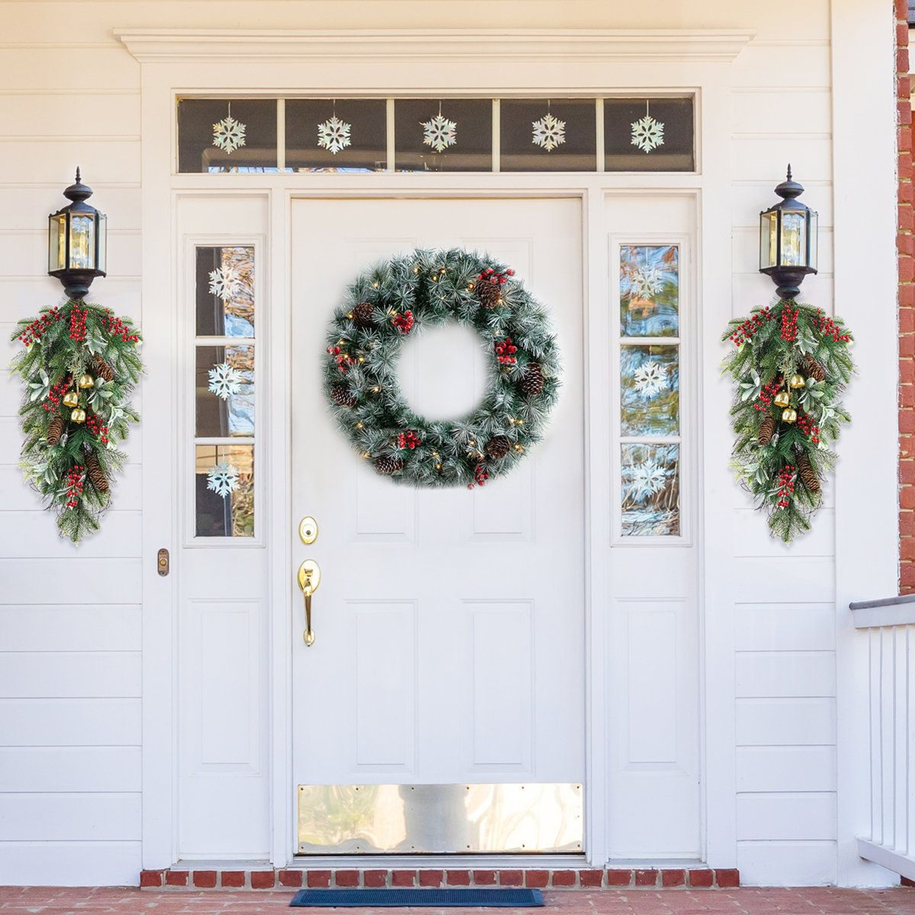 Frosted Pinecone Door Swag With Red Berries And Bells 6