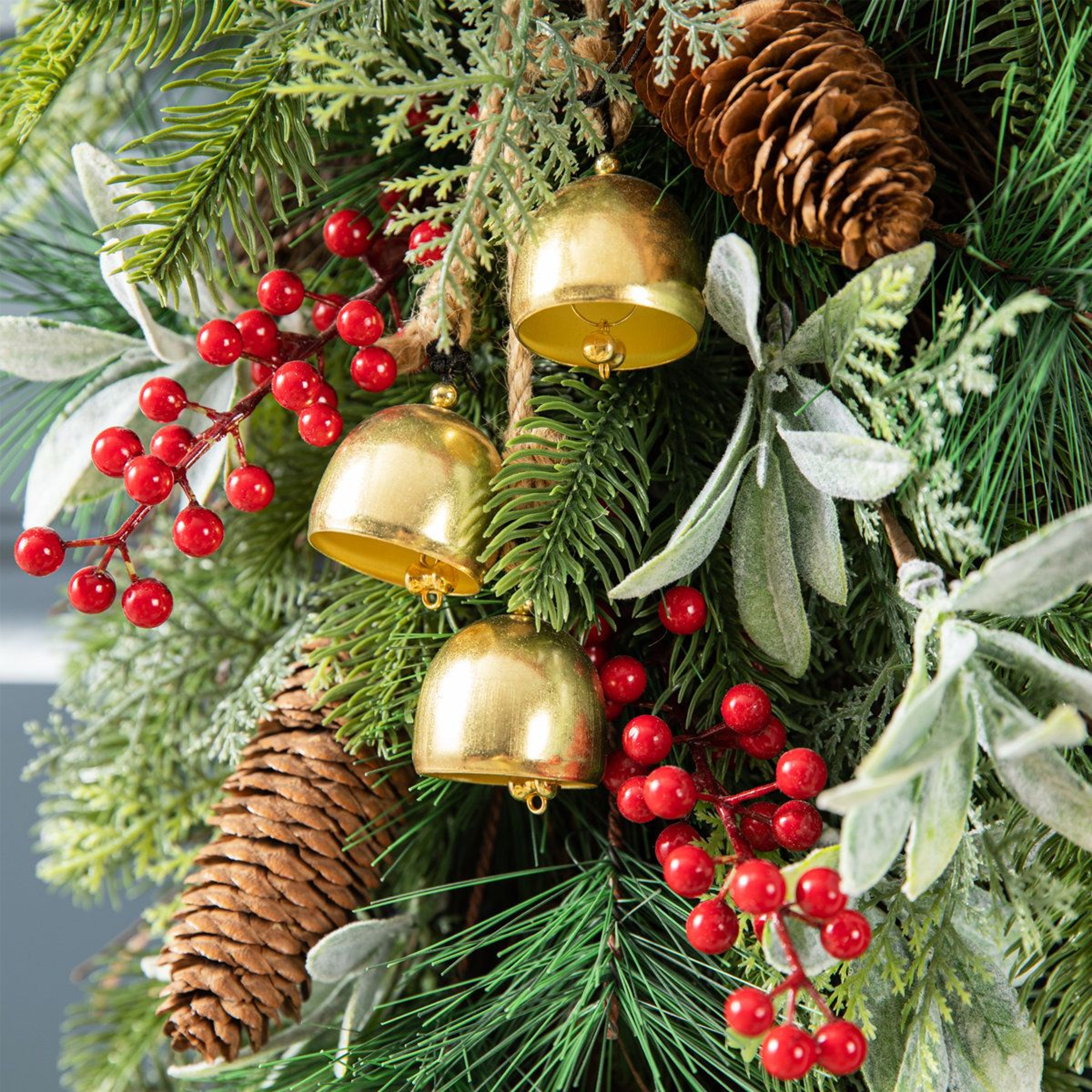 Frosted Pinecone Door Swag With Red Berries And Bells 2