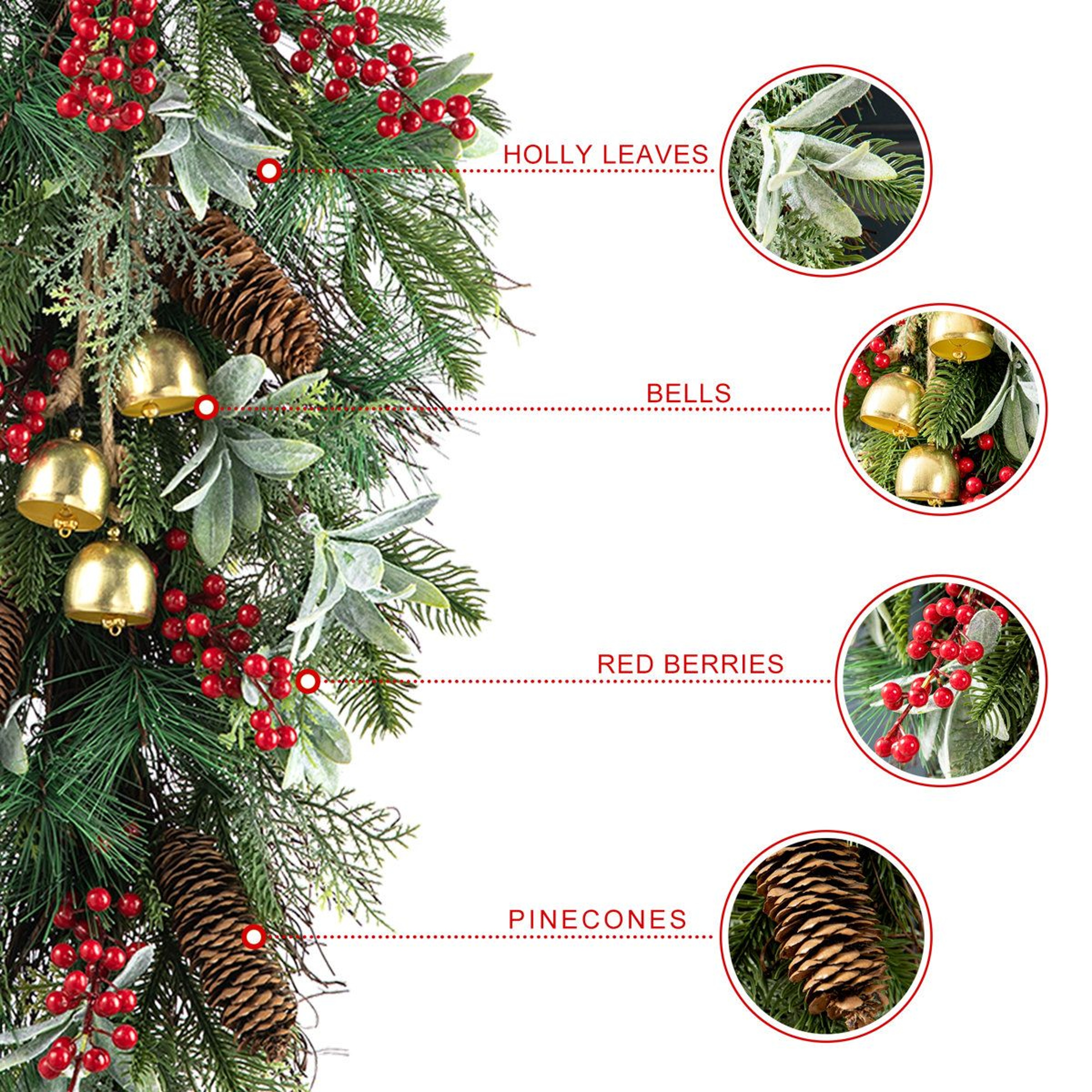 Frosted Pinecone Door Swag With Red Berries And Bells 4