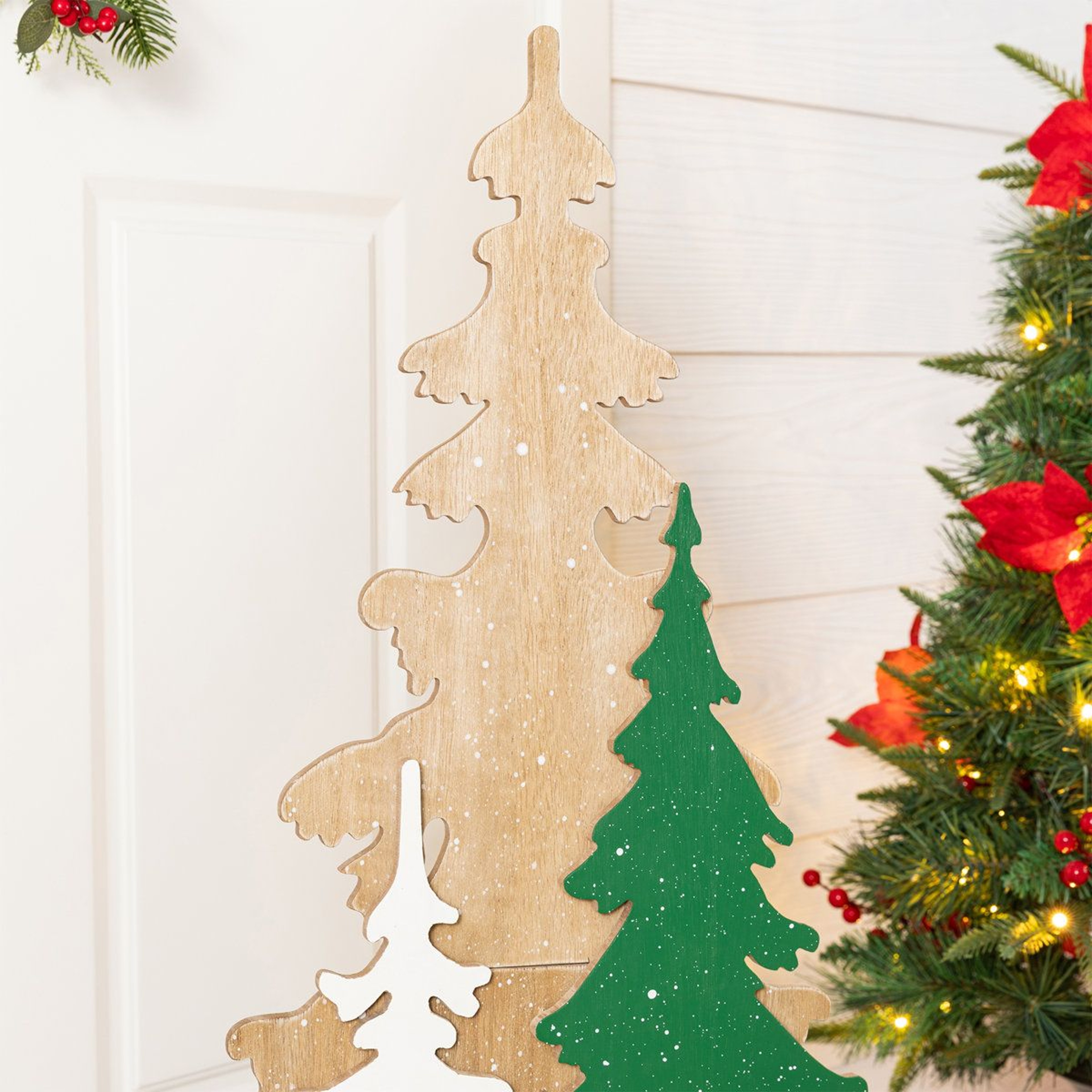 355 Inch Wooden Christmas Tree Porch Decor With Reindeer And Frosted Woodland Accents 6