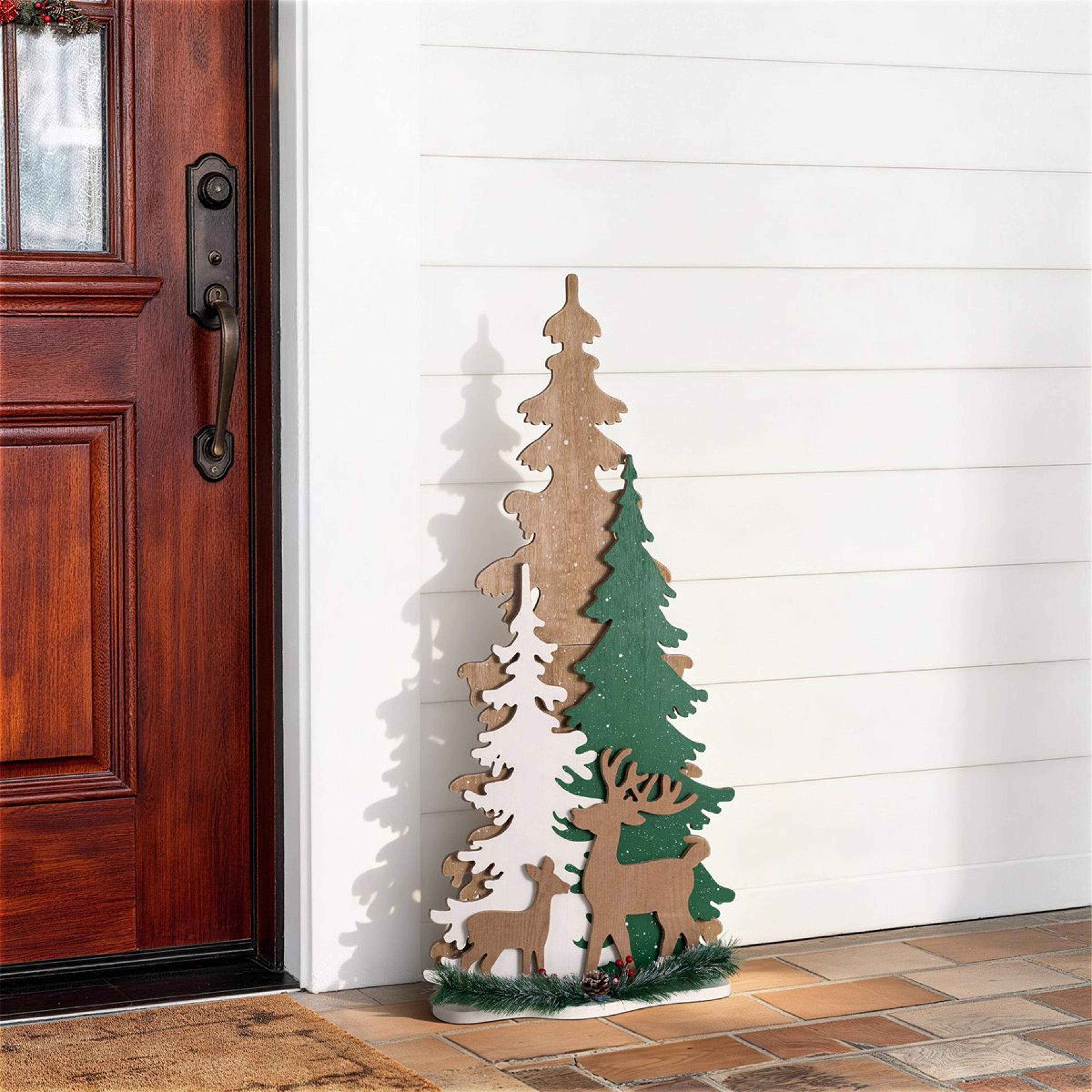 355 Inch Wooden Christmas Tree Porch Decor With Reindeer And Frosted Woodland Accents 8