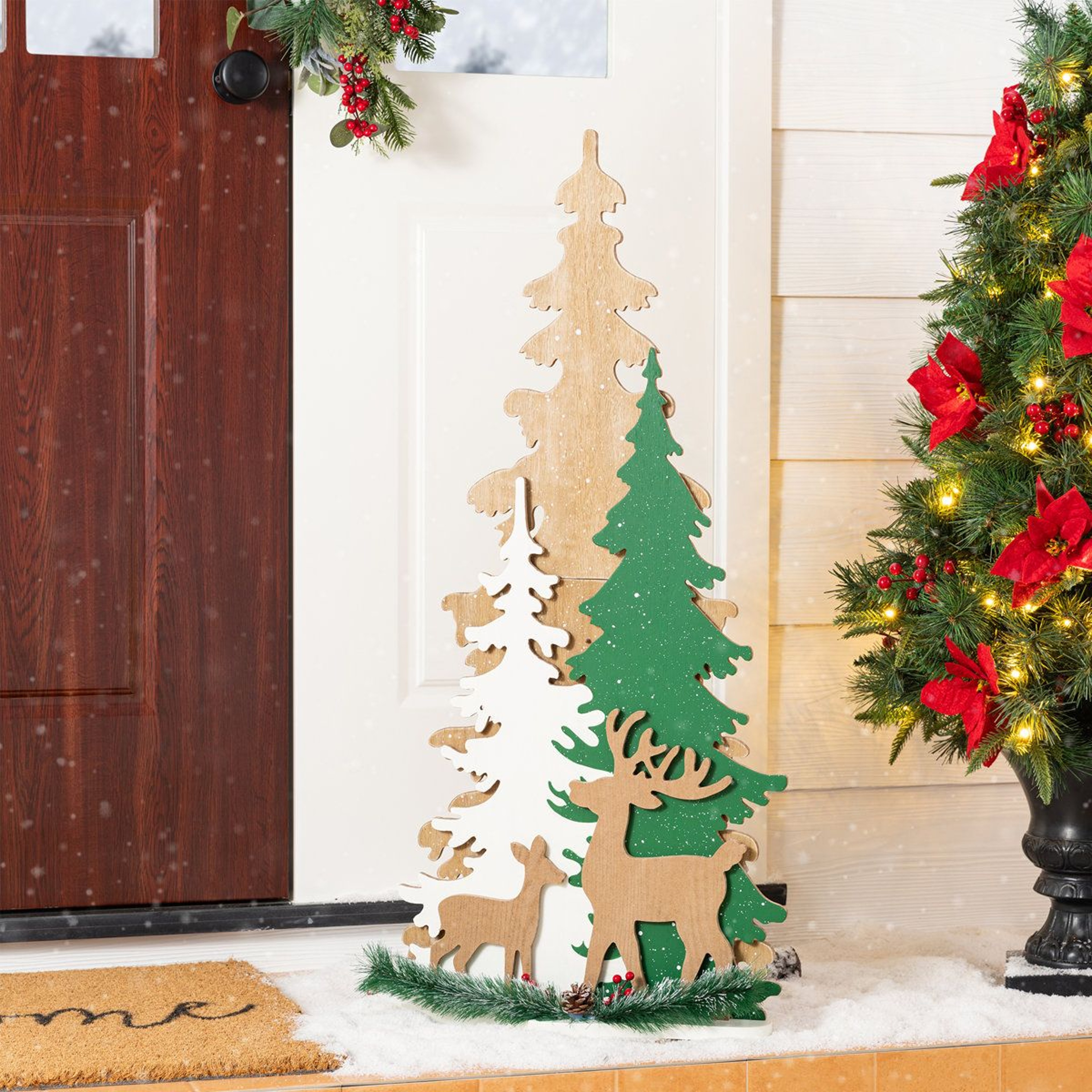 355 Inch Wooden Christmas Tree Porch Decor With Reindeer And Frosted Woodland Accents 9