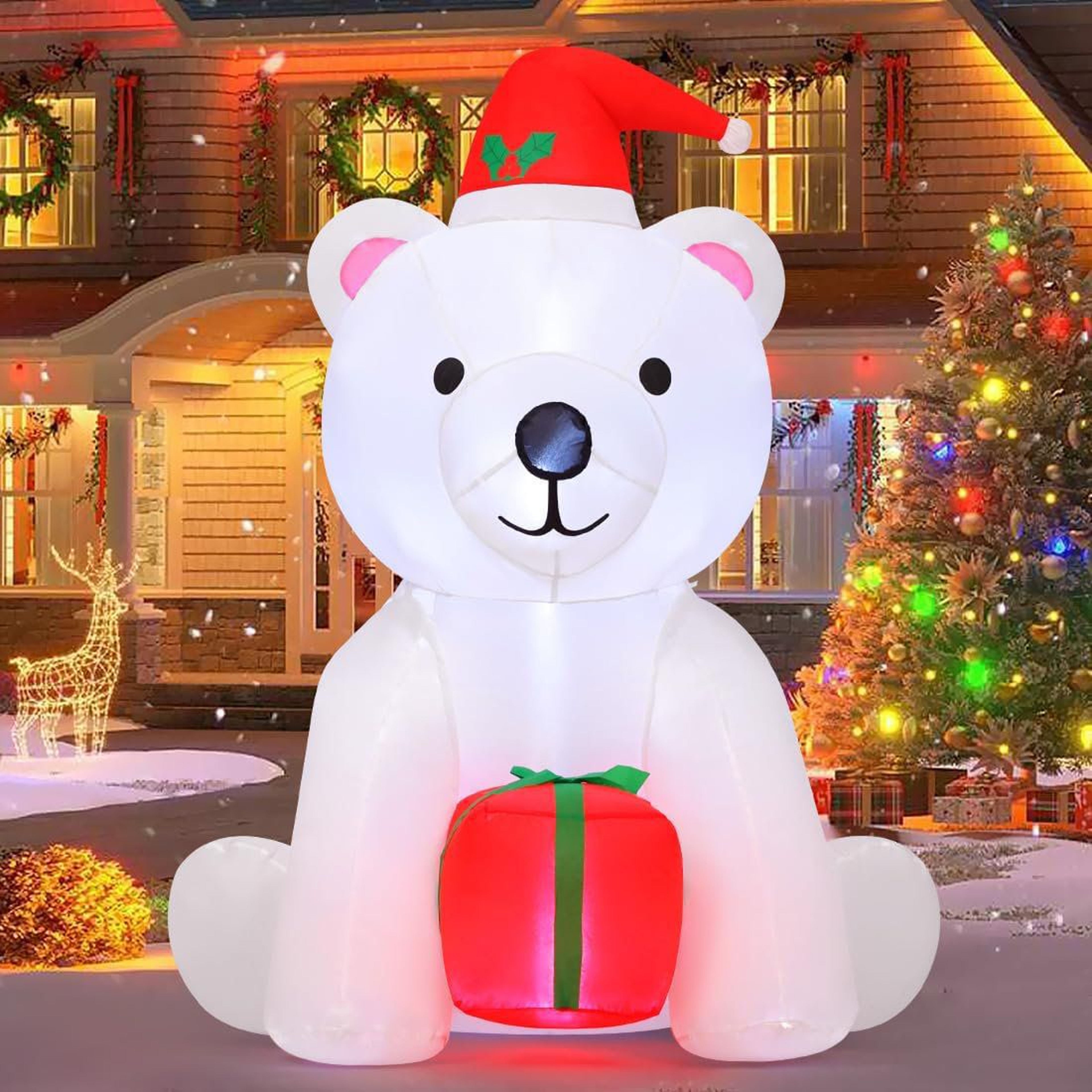 4 FT Christmas Inflatable Polar Bear With LED Lights Gift Box And Santa Hat 2