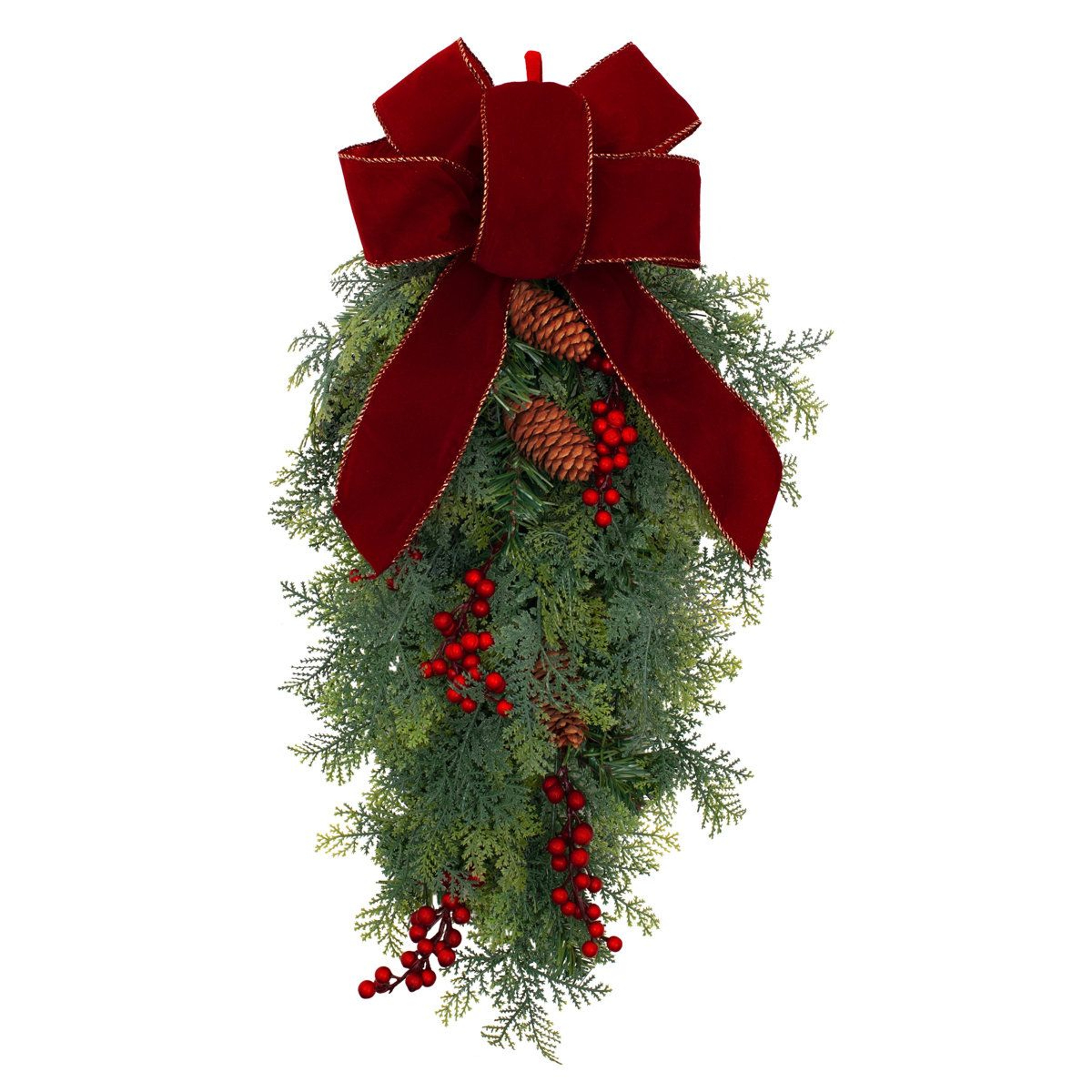 PreLit Christmas Swag With Warm LED Lights Faux Greenery Pinecones And Red Bow 0