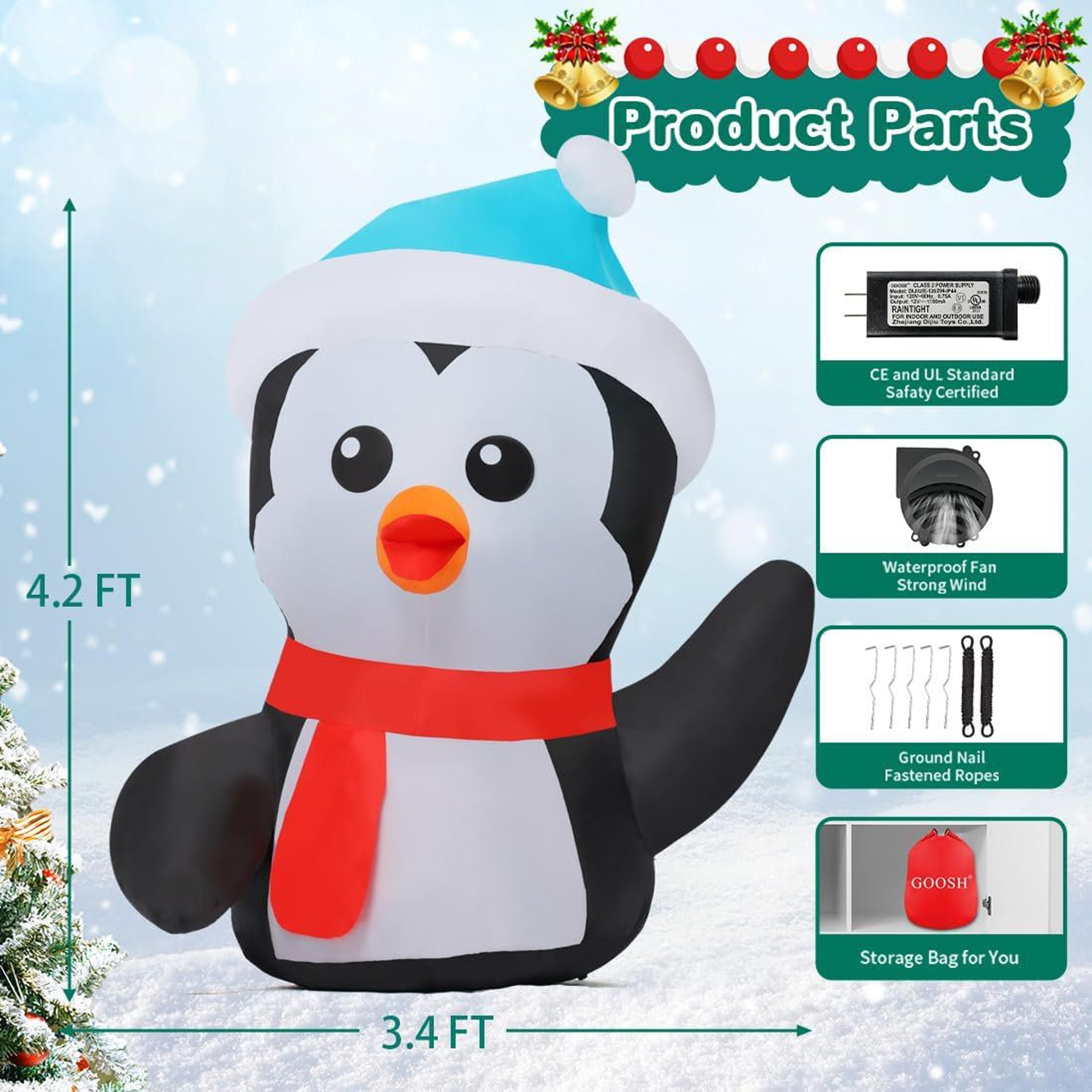 42 FT Christmas Inflatable Penguin With LED Lights For Outdoor Yard Decor 4