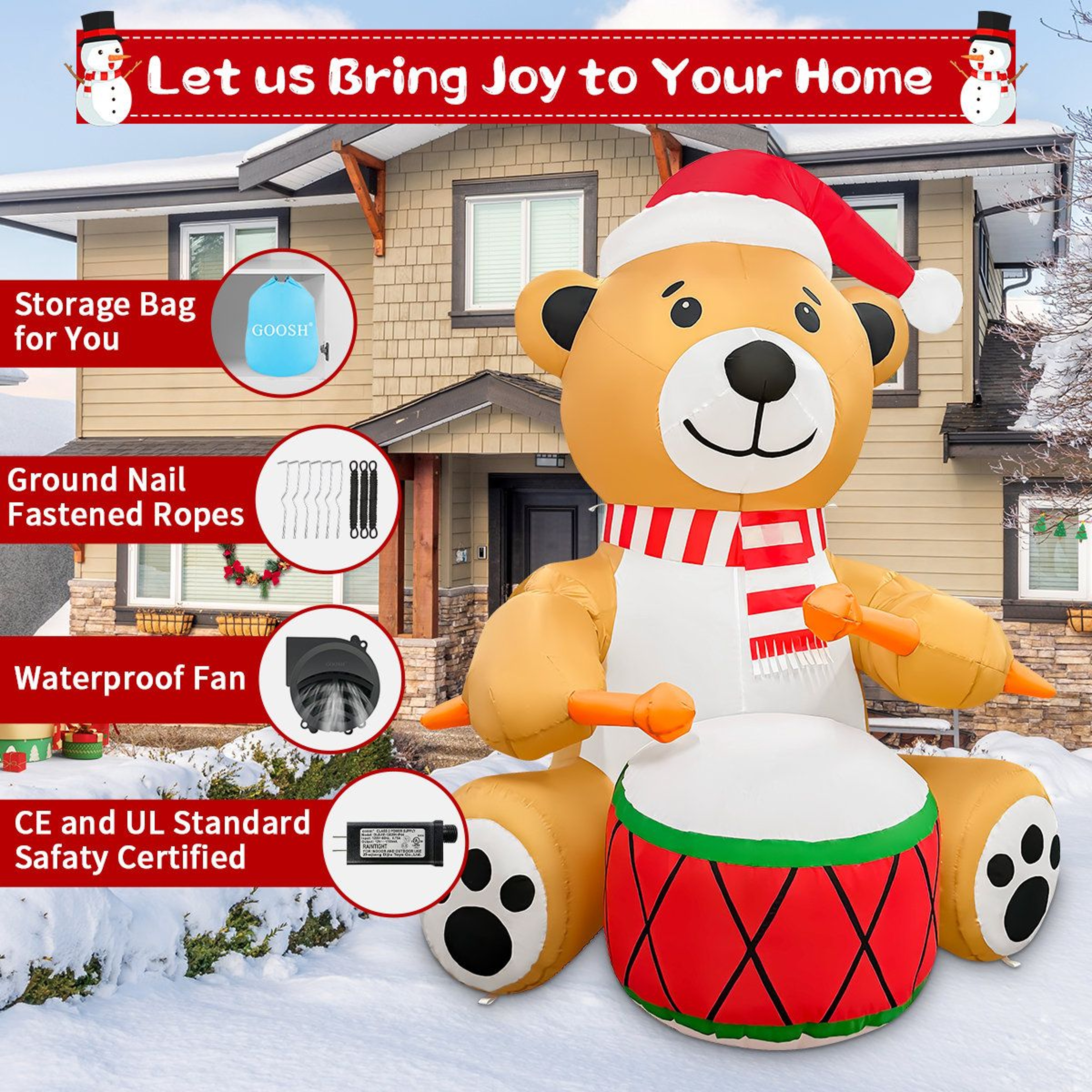 6 FT Animated Christmas Drumming Bear Inflatable With LED Lights 3