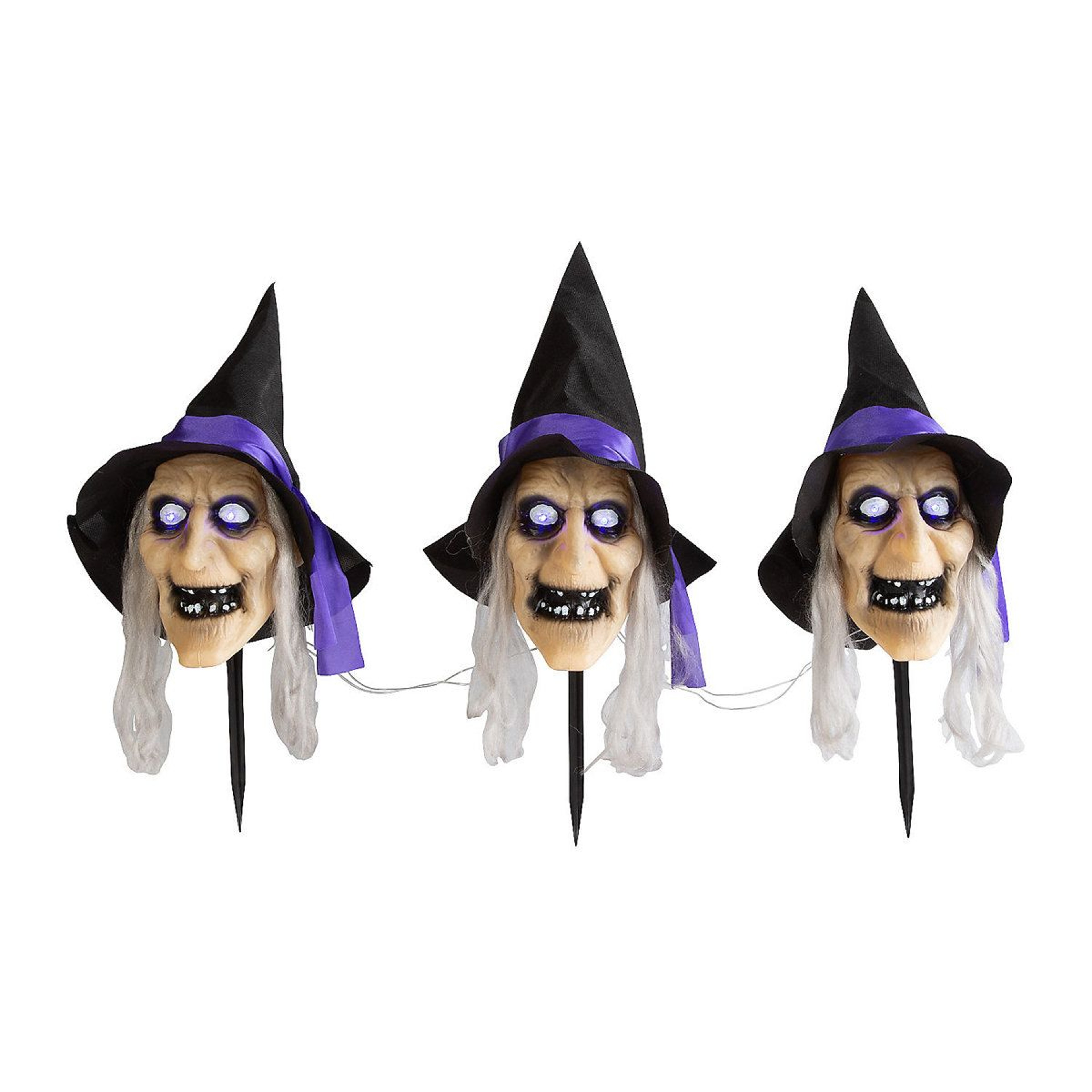 Light Up Witch Head Garden Stakes 3 Piece Set For Halloween 0