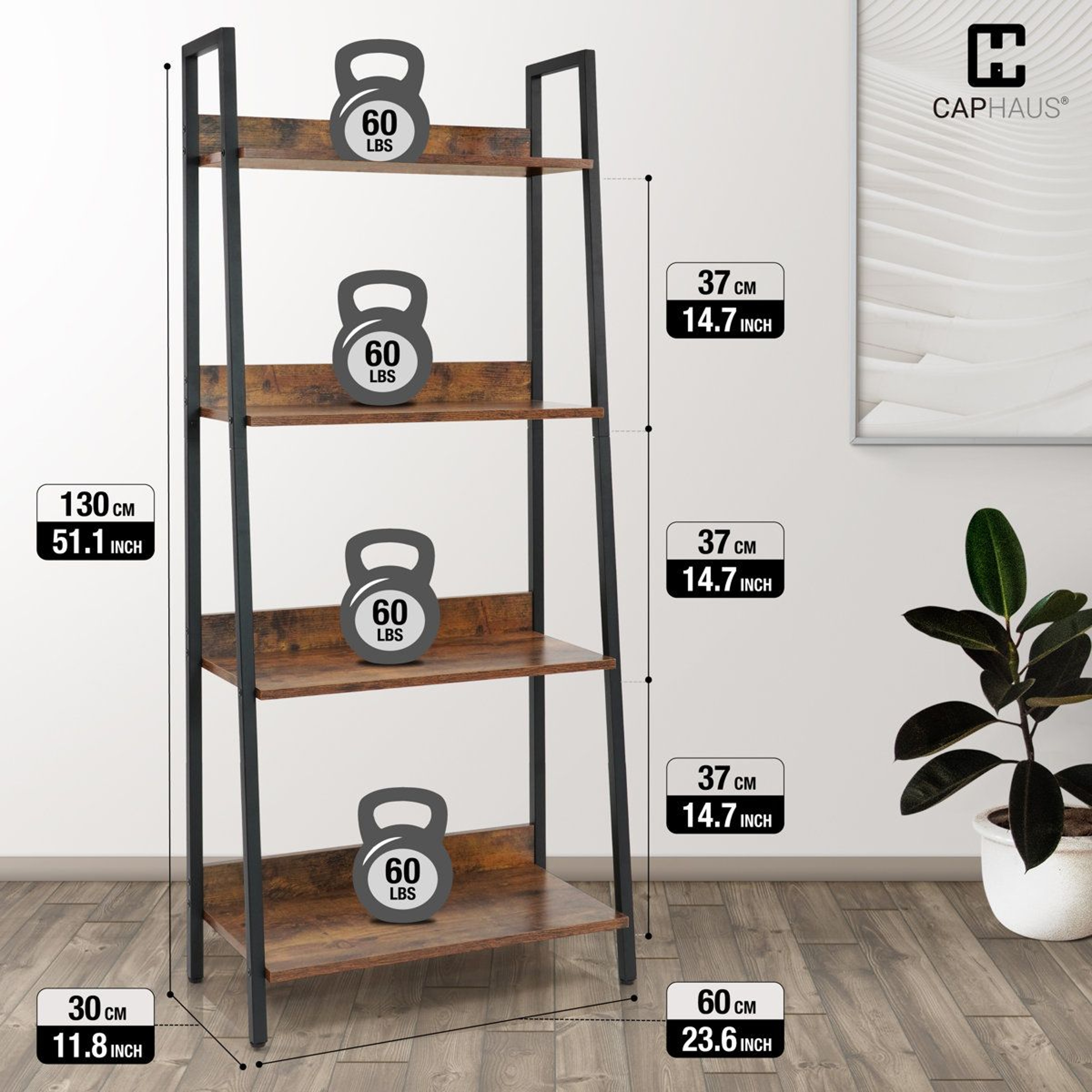4 Tier Ladder Bookshelf Rustic Oak Industrial Storage Rack 6