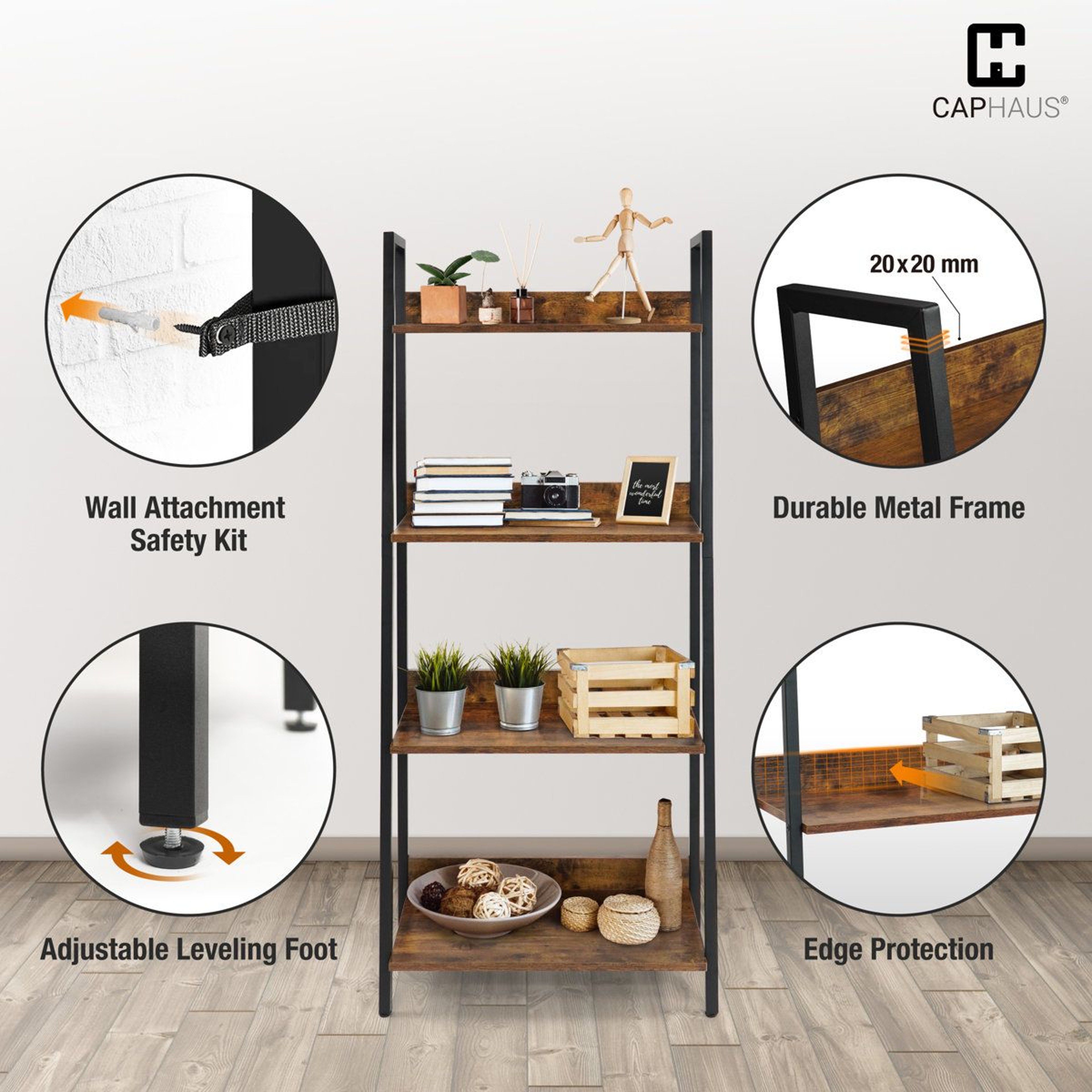 4 Tier Ladder Bookshelf Rustic Oak Industrial Storage Rack 2