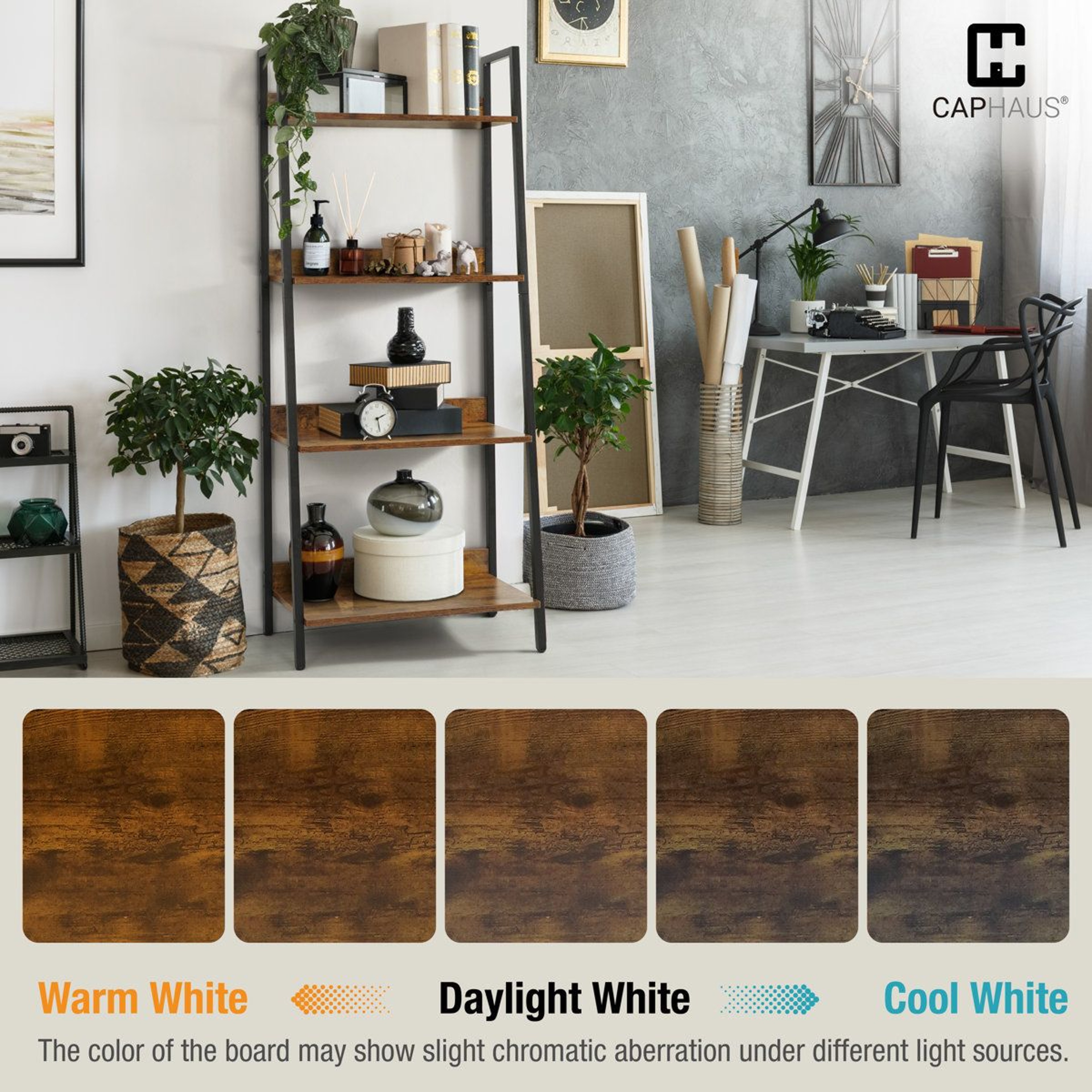 4 Tier Ladder Bookshelf Rustic Oak Industrial Storage Rack 3