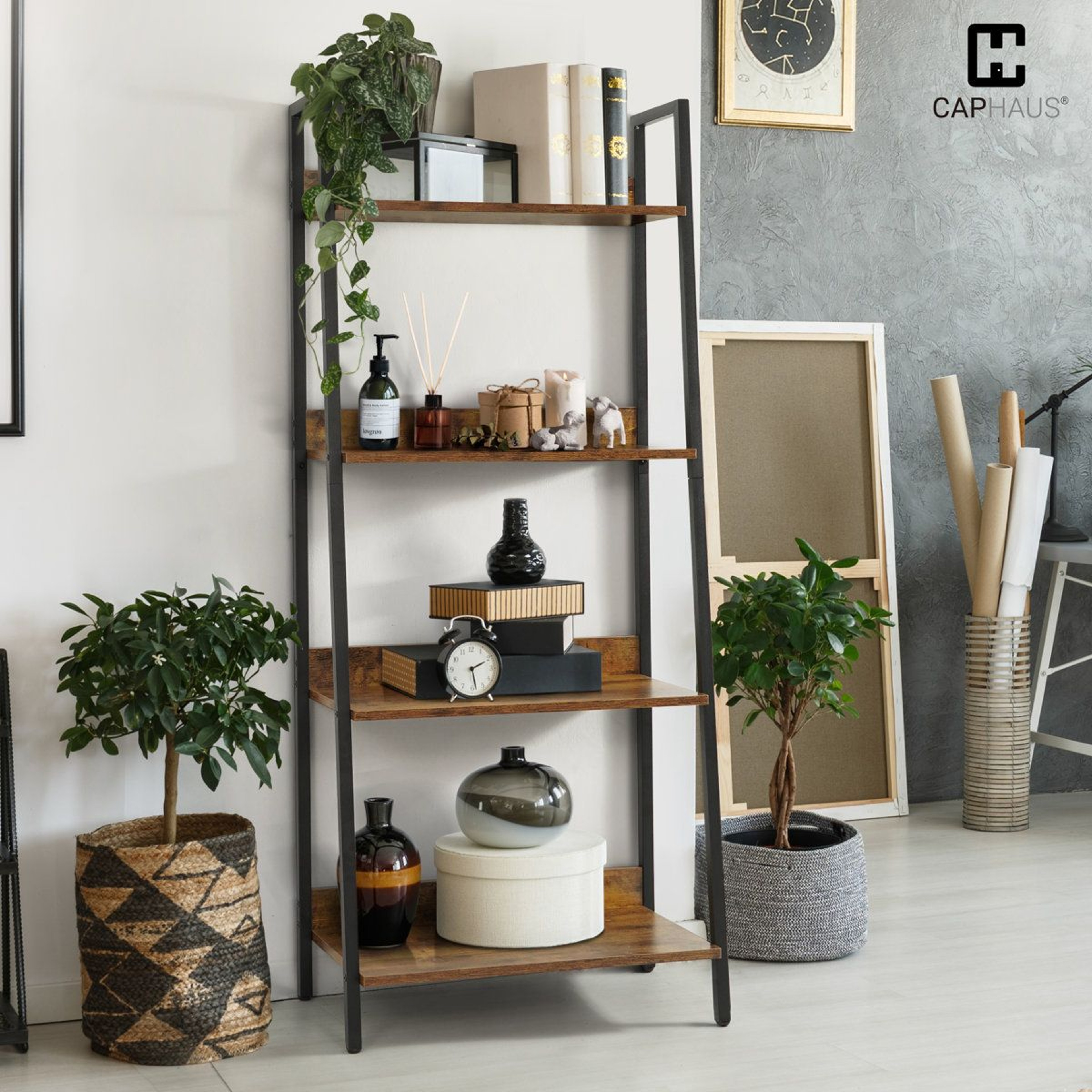 4 Tier Ladder Bookshelf Rustic Oak Industrial Storage Rack 1