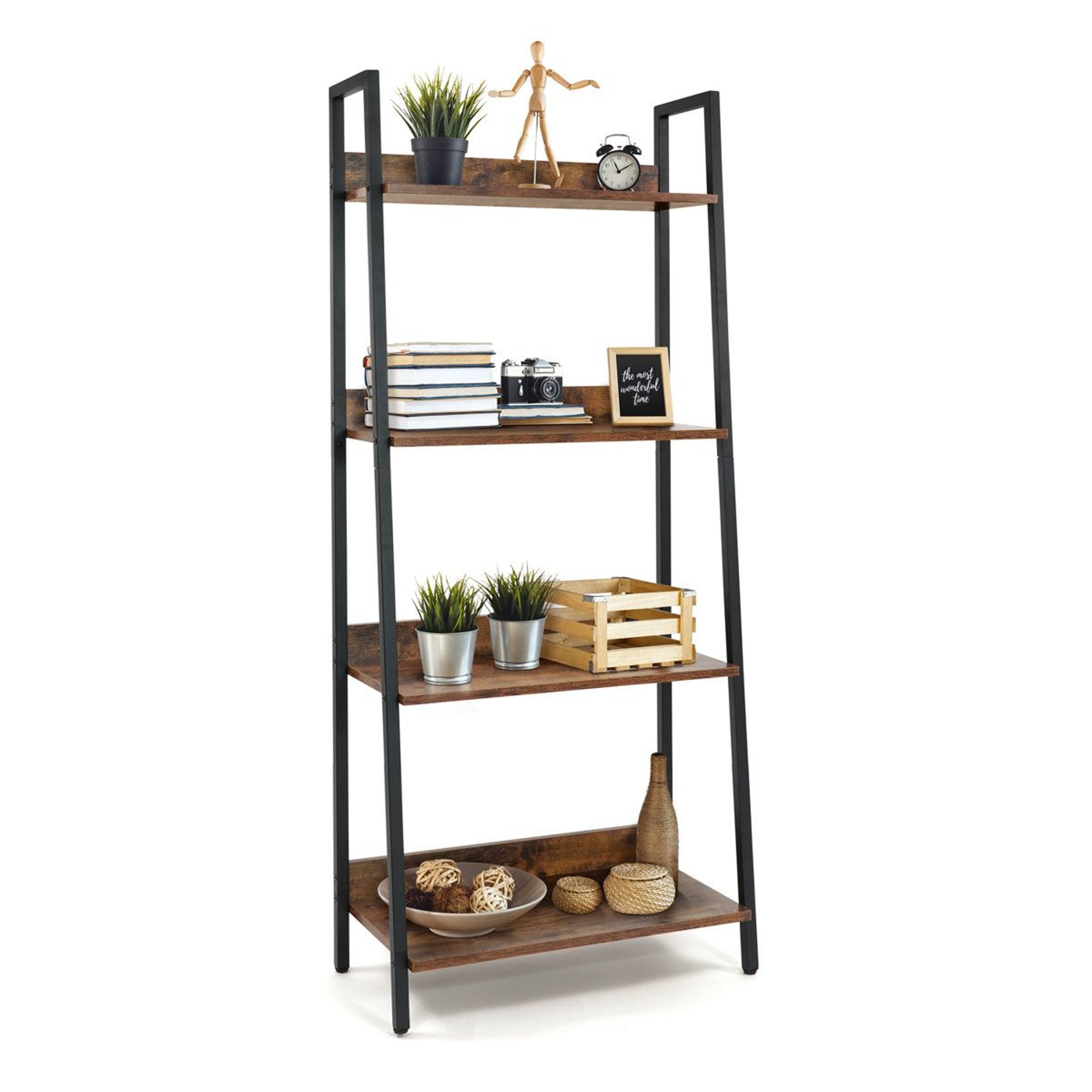 4 Tier Ladder Bookshelf Rustic Oak Industrial Storage Rack 0