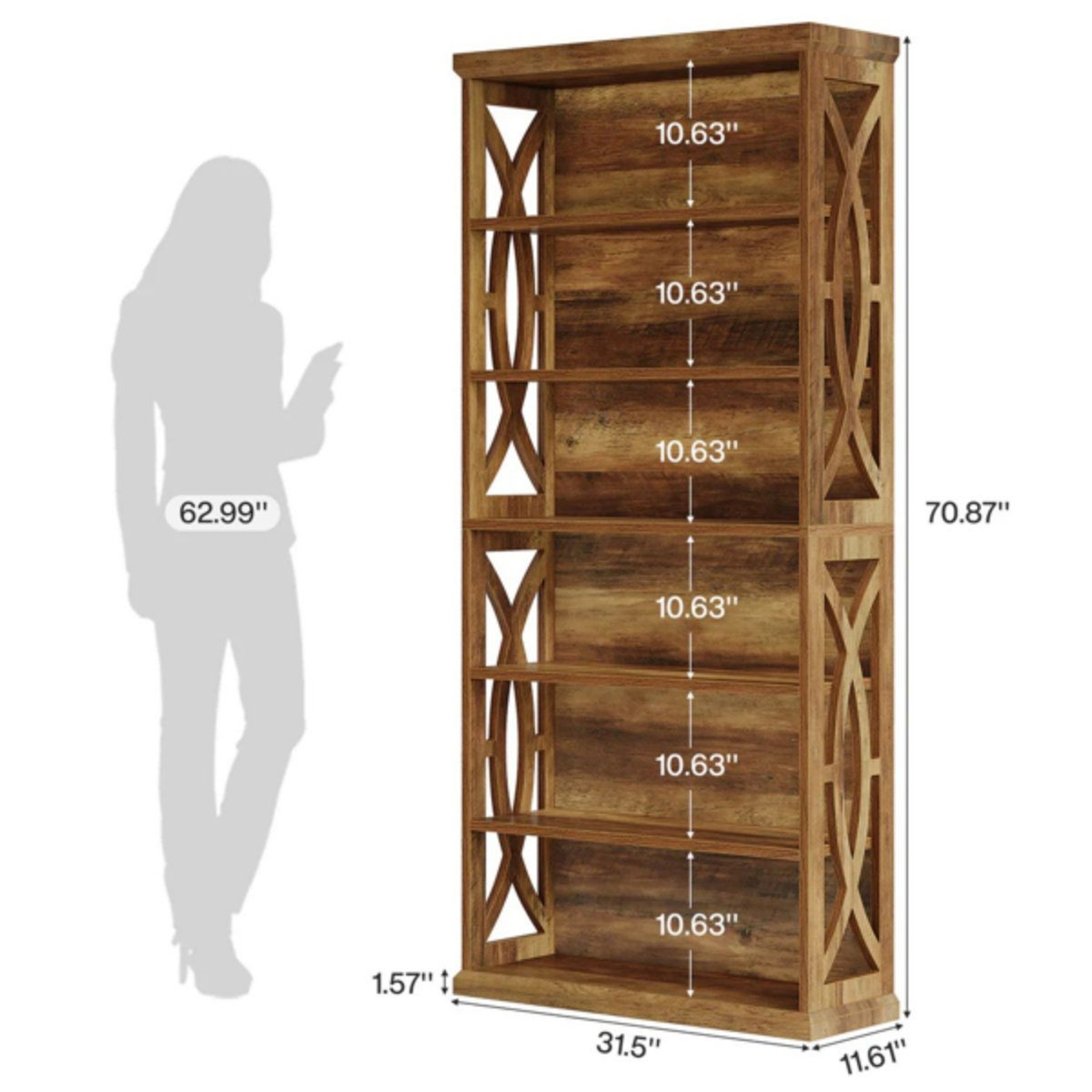 71 Inch Industrial 6 Tier Bookshelf With Decorative Panels Rustic Brown 6