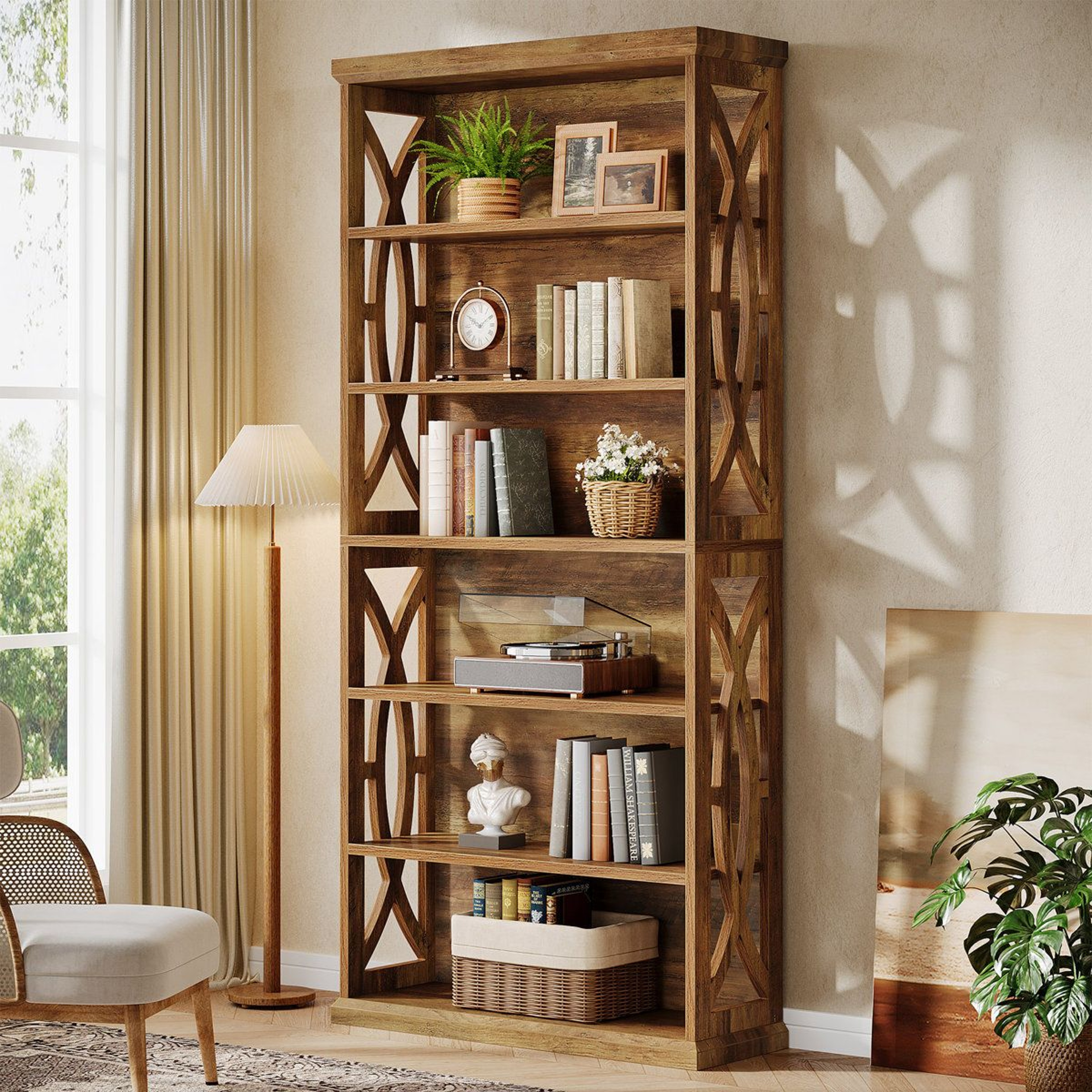 71 Inch Industrial 6 Tier Bookshelf With Decorative Panels Rustic Brown 1