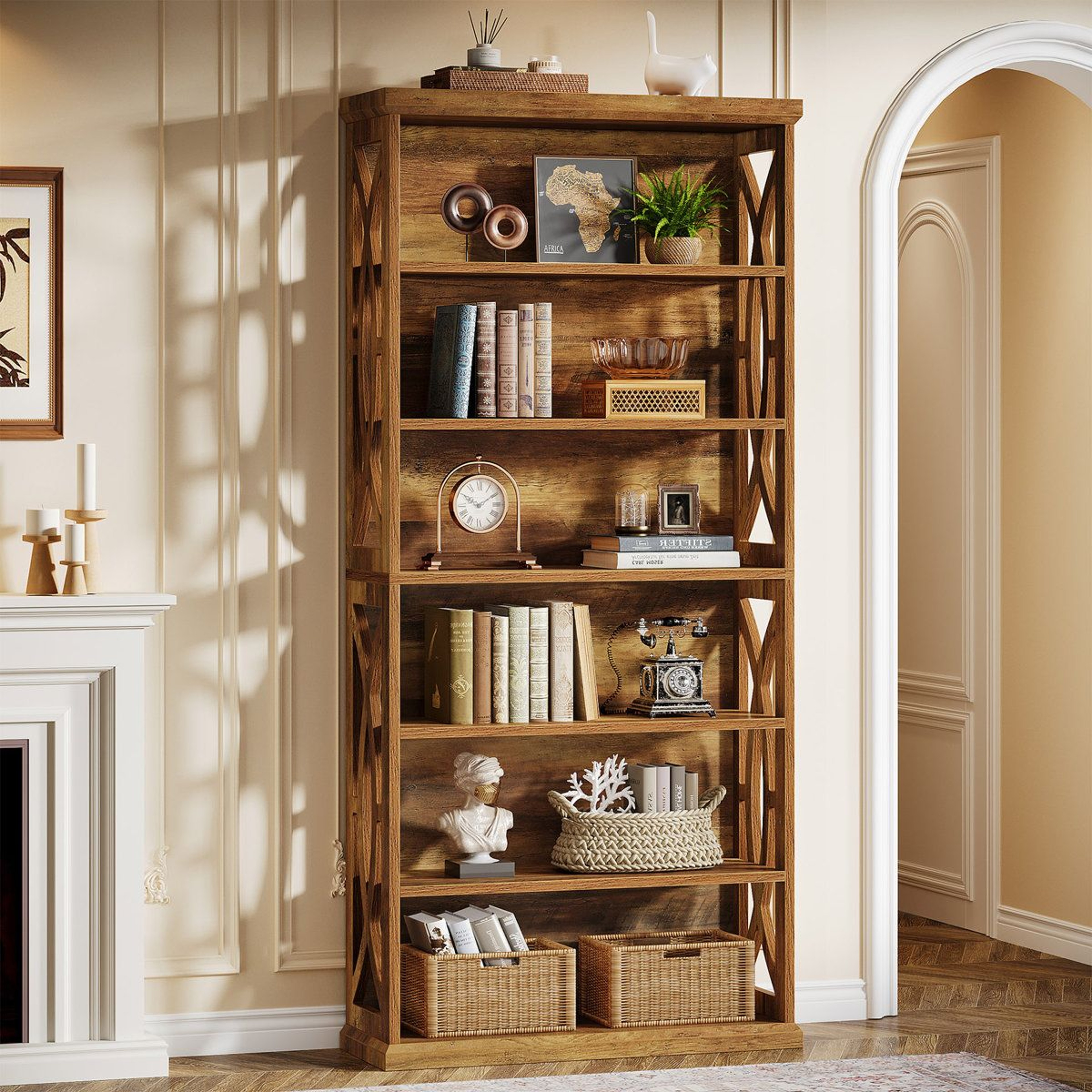 71 Inch Industrial 6 Tier Bookshelf With Decorative Panels Rustic Brown 3