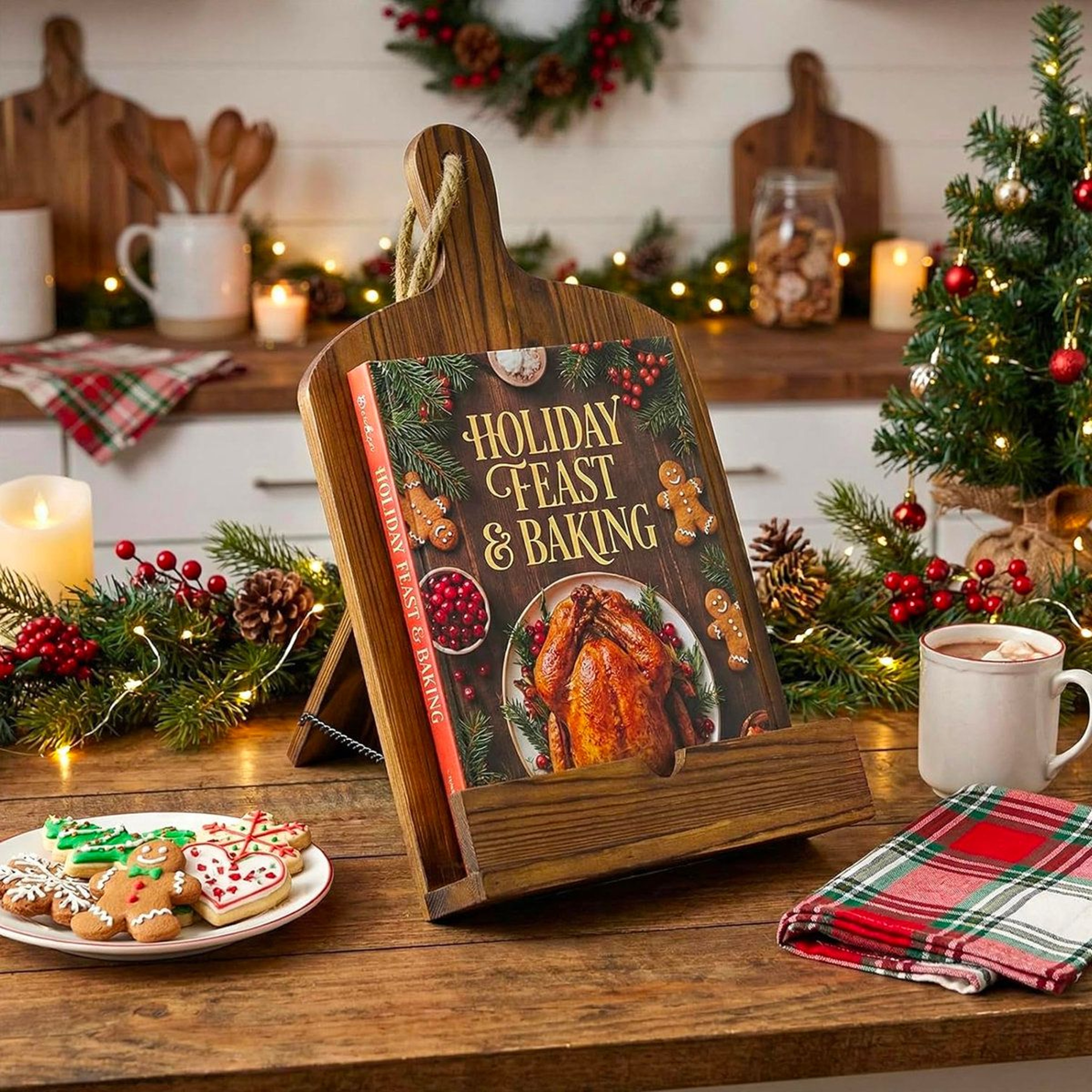 Rustic Wood Cookbook Holder Stand For Kitchen Countertop And Tablet Display 3