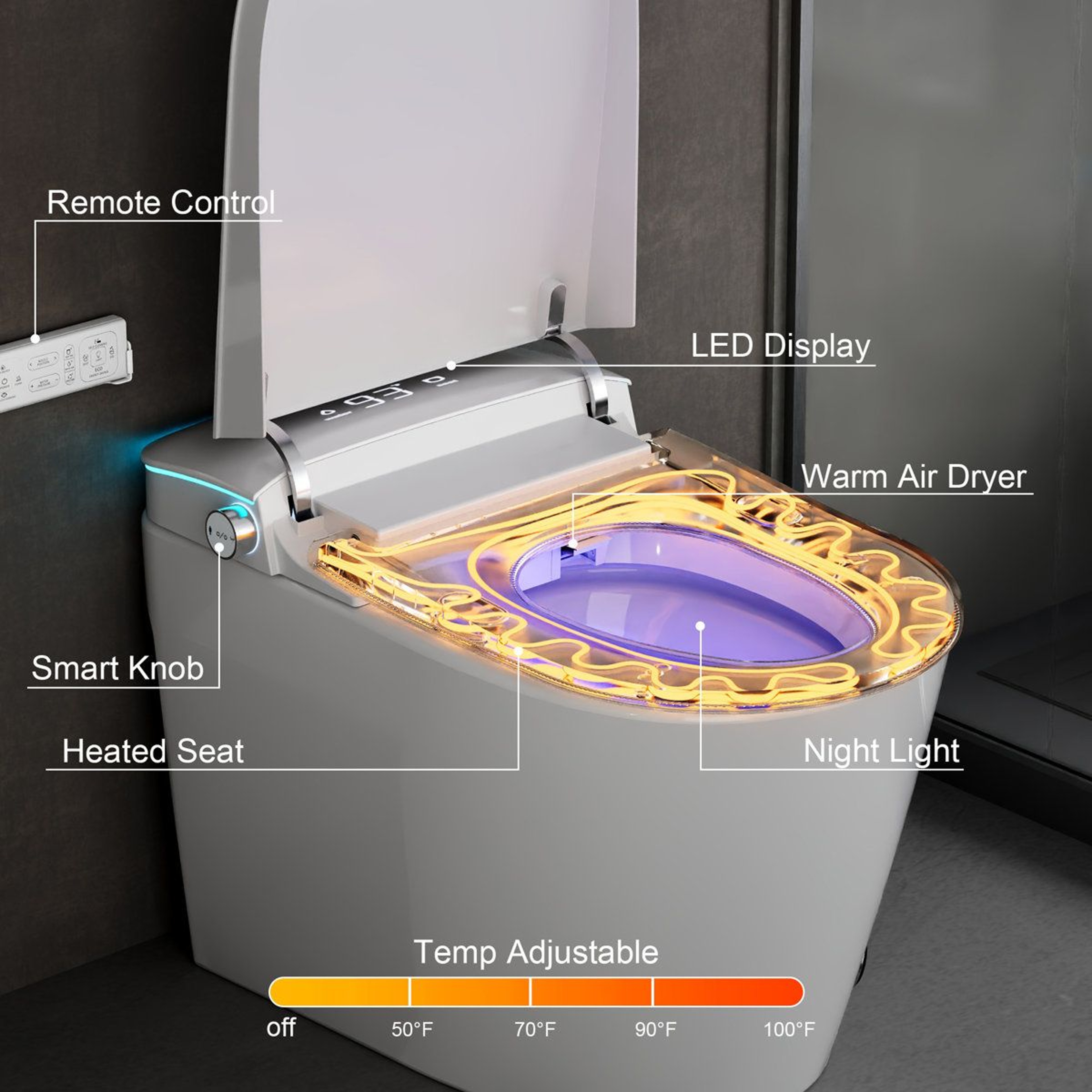 Smart Toilet With UV Sterilization Heated Seat Auto Flush And Bidet Wash 7