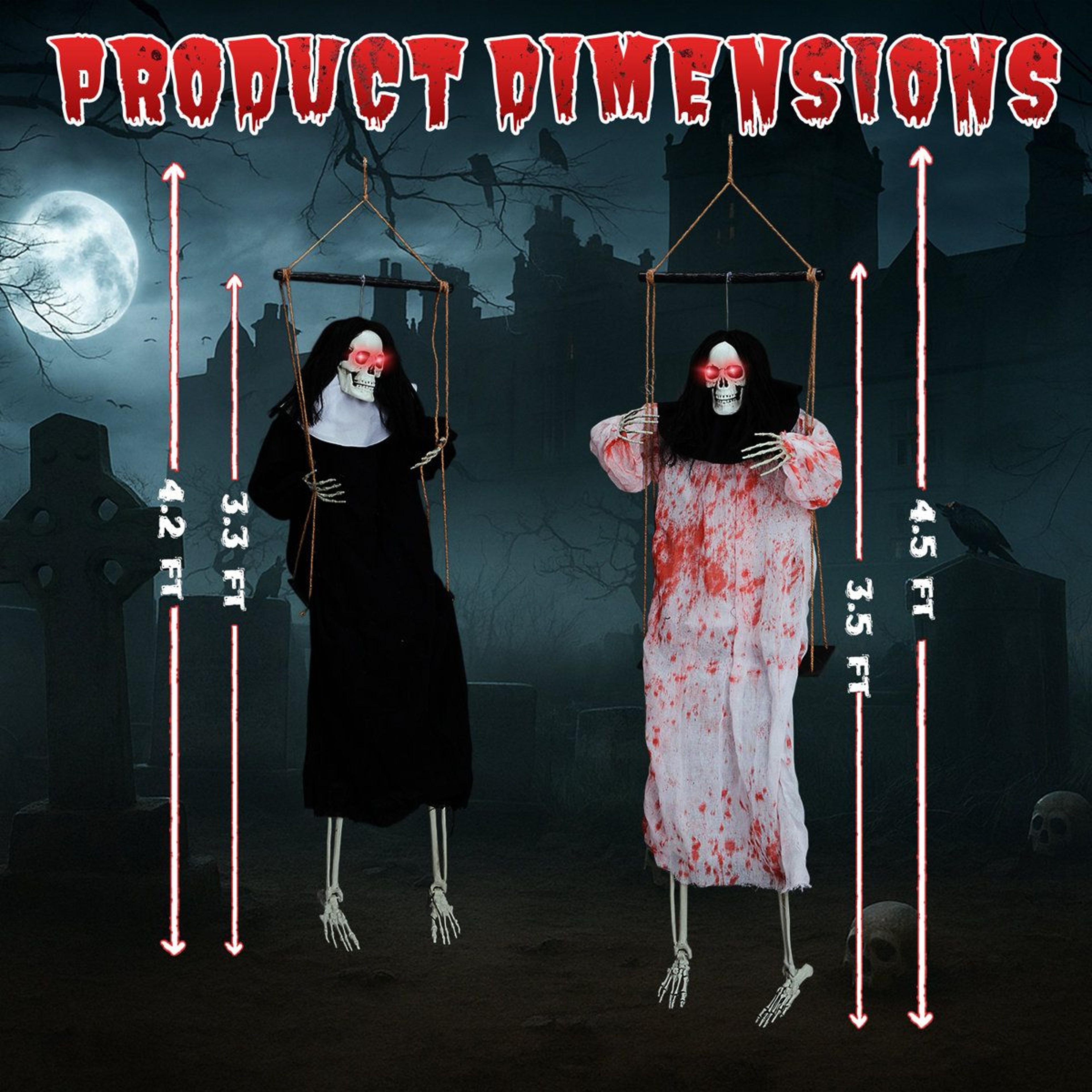 2 Piece 3 Ft Halloween Grim Reaper Hanging Decorations With Red LED Eyes And Screams 3