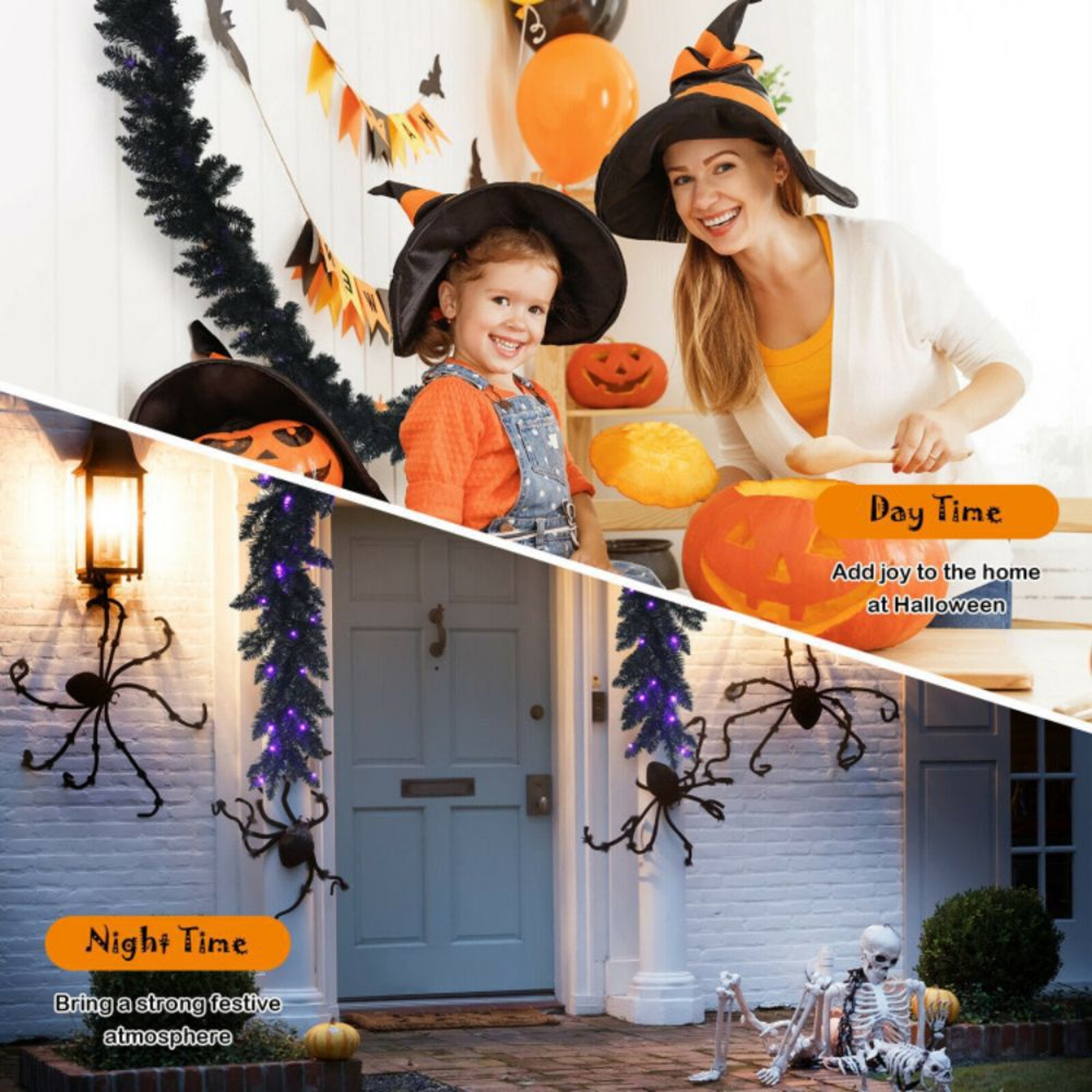 9 Ft PreLit Black Halloween Garland With 50 Purple LED Lights 8