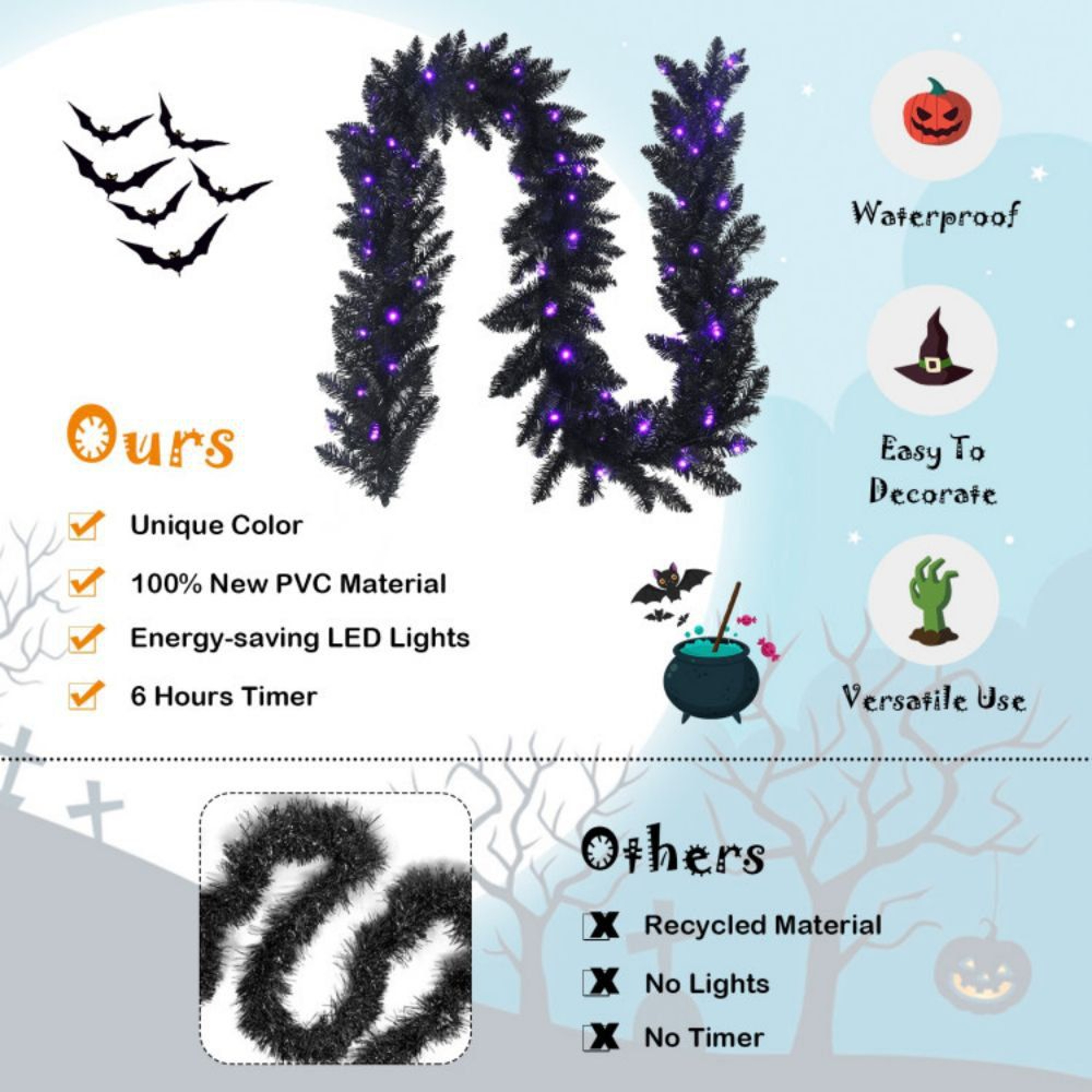 9 Ft PreLit Black Halloween Garland With 50 Purple LED Lights 5