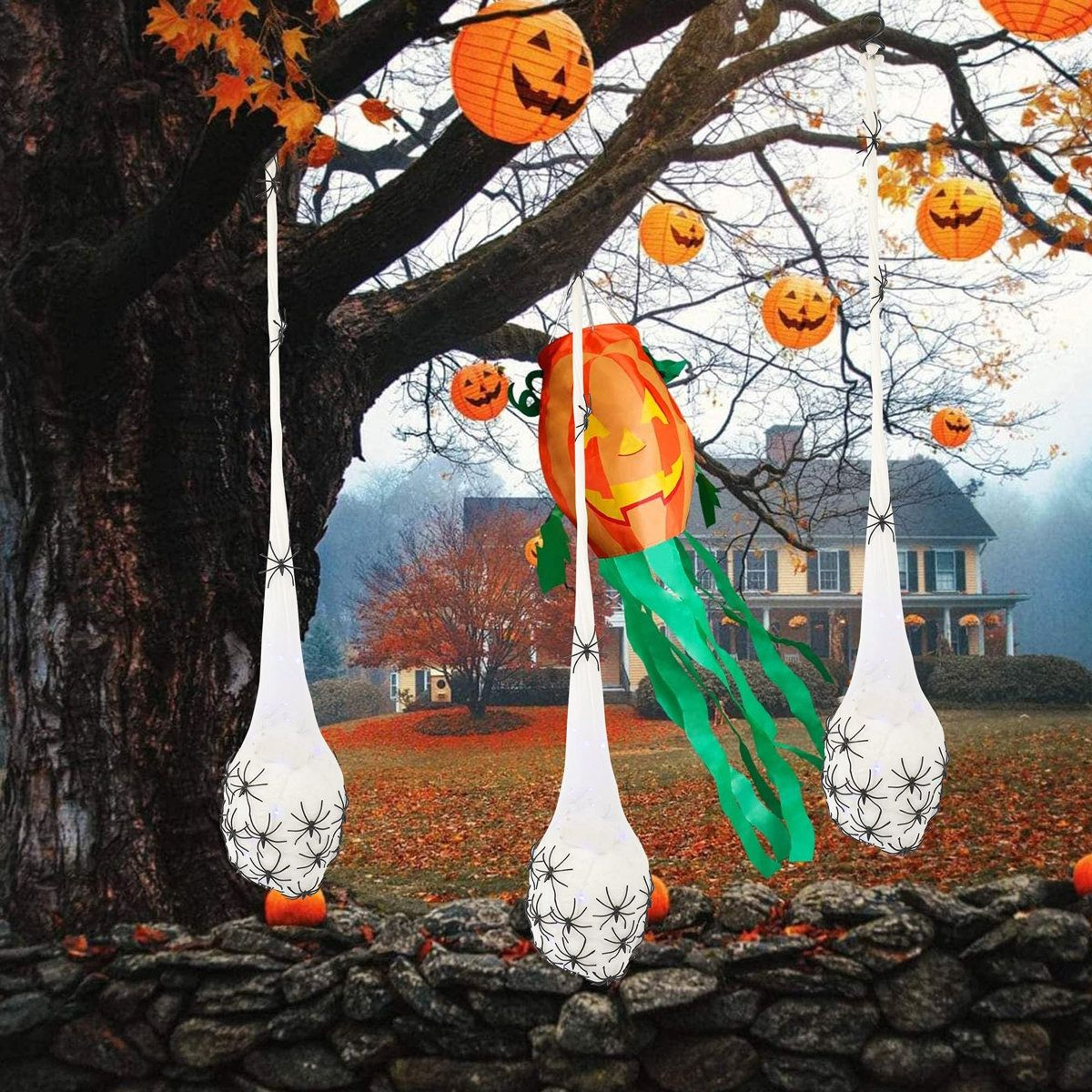Purple LED Hanging Spider Egg Sac Halloween Decorations 3 Pack 32 FT 2