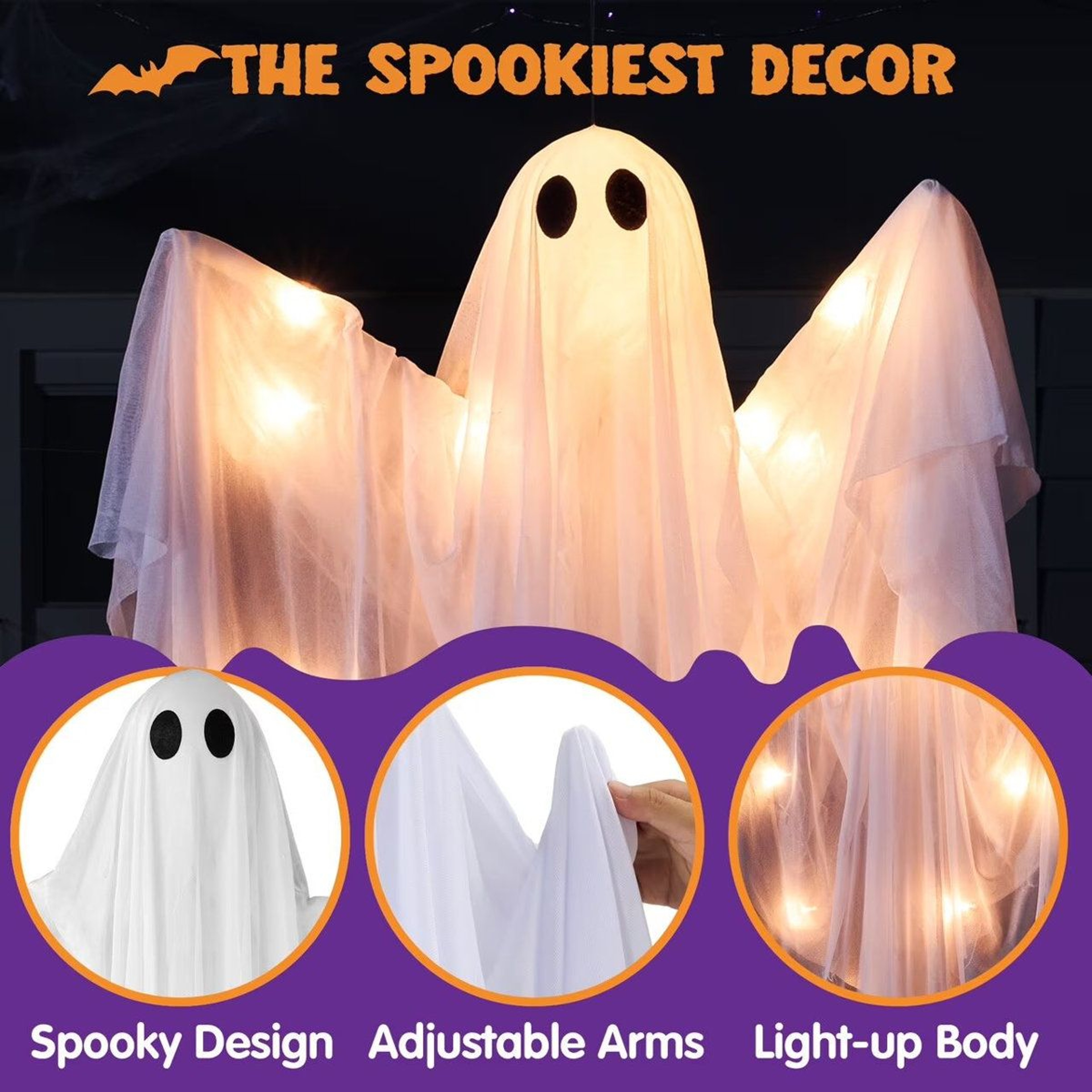 47 Inch Halloween Hanging Ghost With Warm White LED Light 5