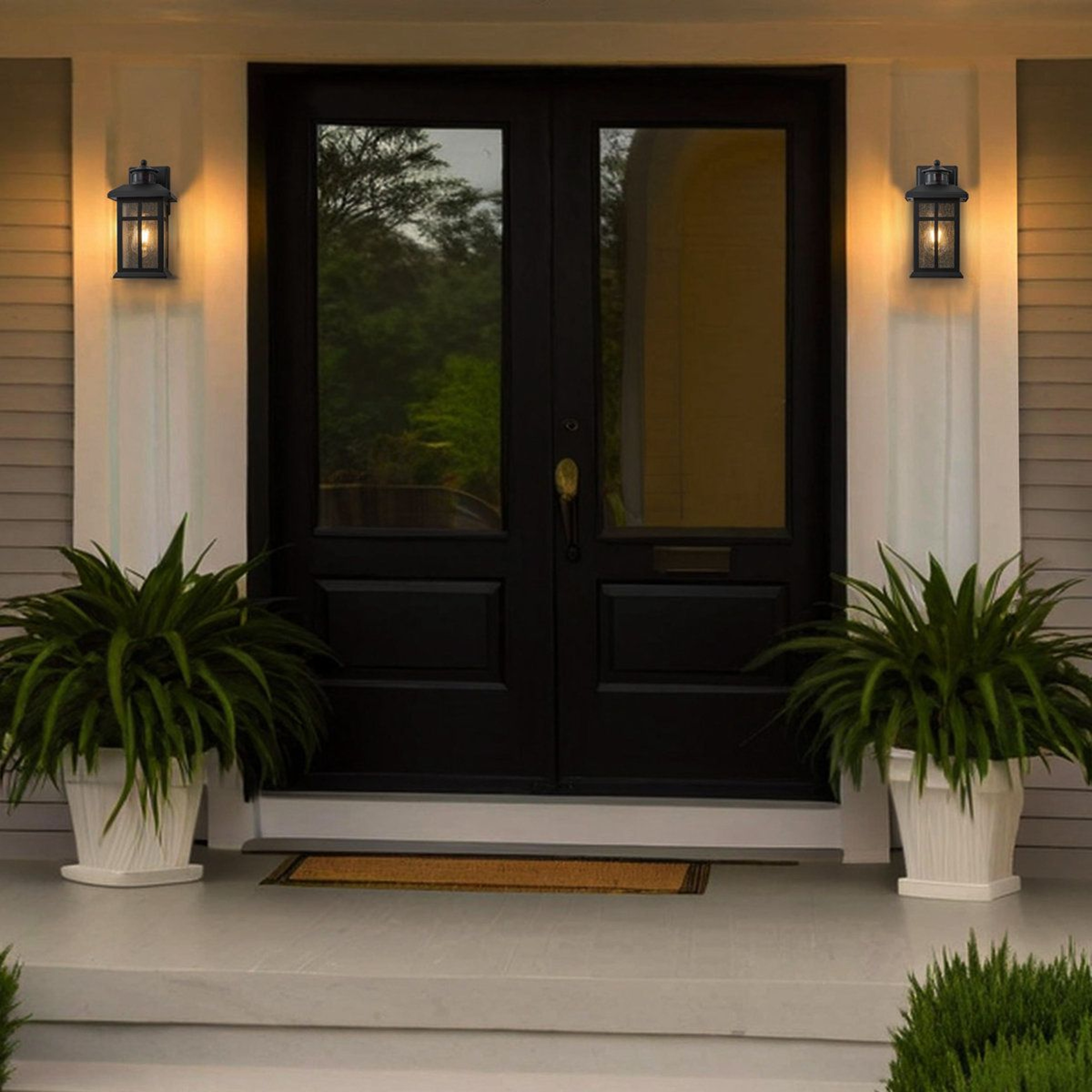 Motion Sensor Outdoor Wall Lanterns With Seeded Glass Set Of 2 1