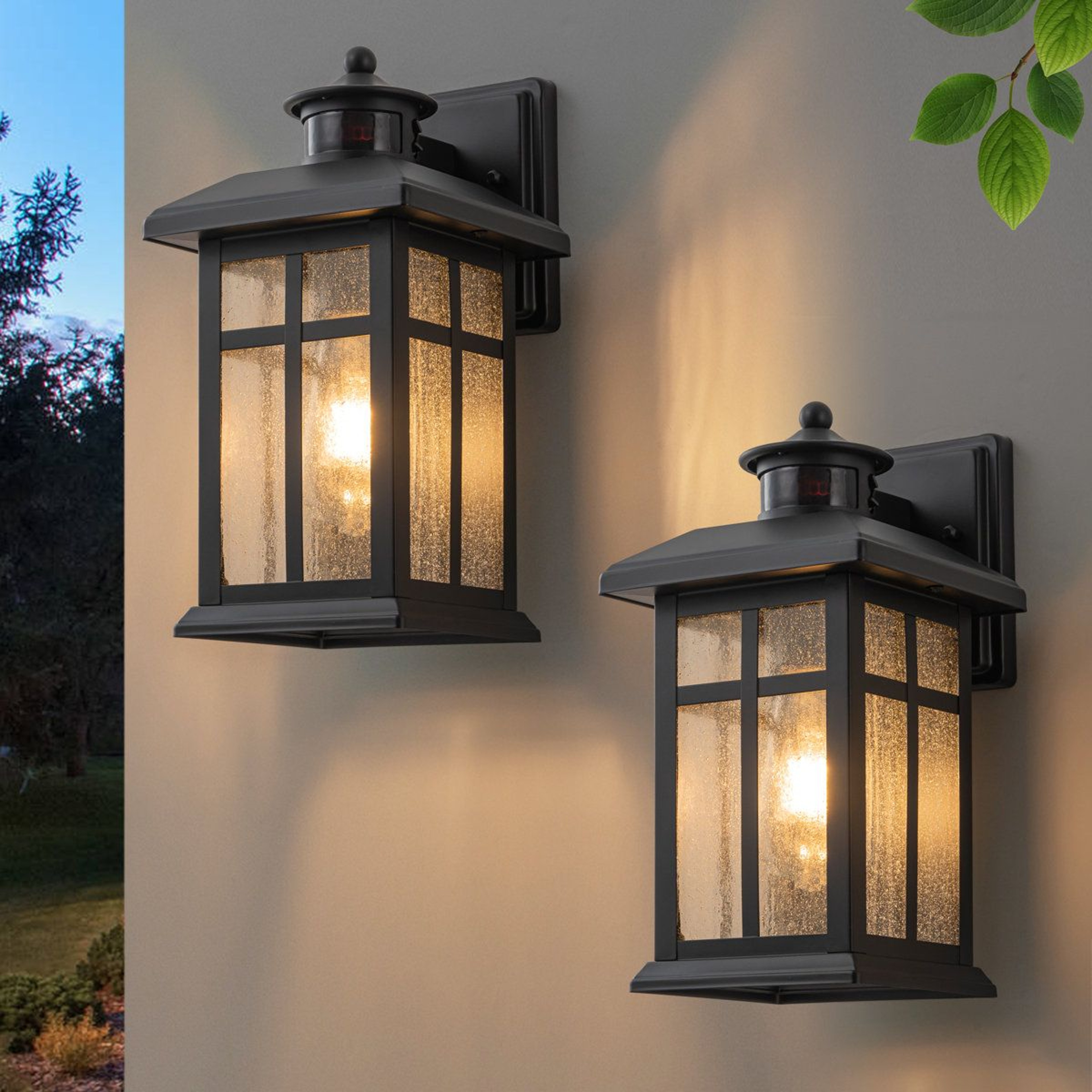 Motion Sensor Outdoor Wall Lanterns With Seeded Glass Set Of 2 6