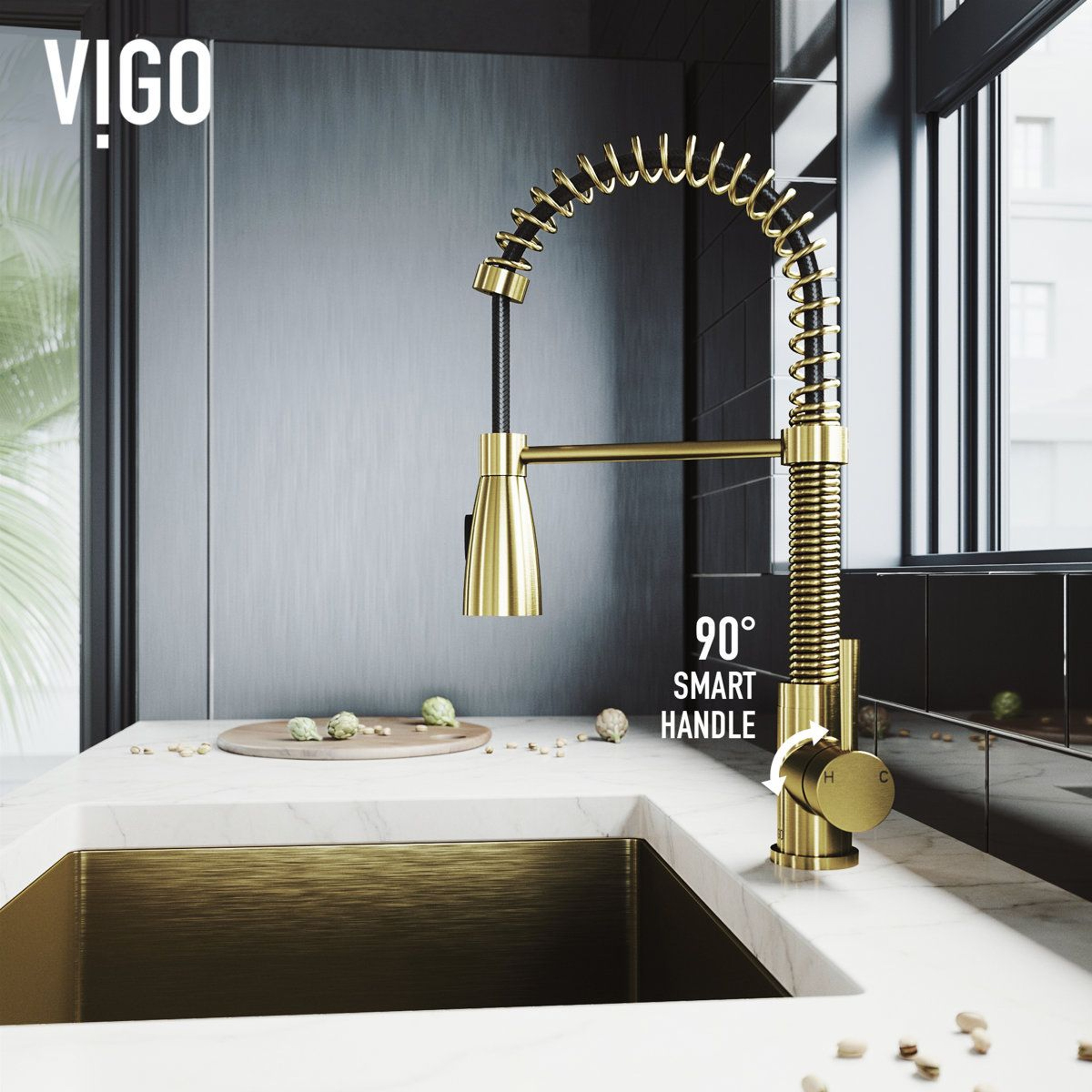 19 H Open Coil Pull Down Single Handle Kitchen Faucet Dual Spray High Arc Brass 6