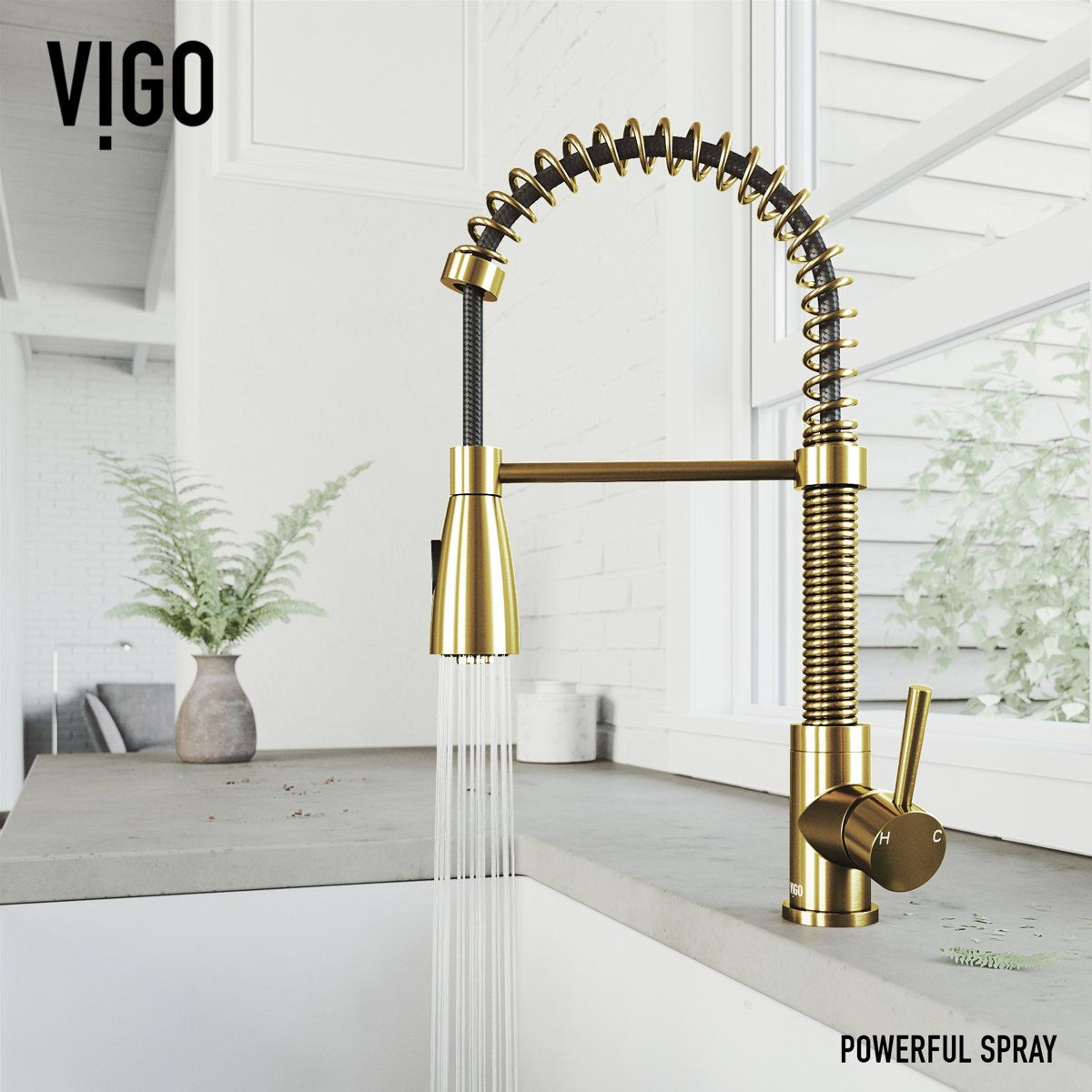 19 H Open Coil Pull Down Single Handle Kitchen Faucet Dual Spray High Arc Brass 4