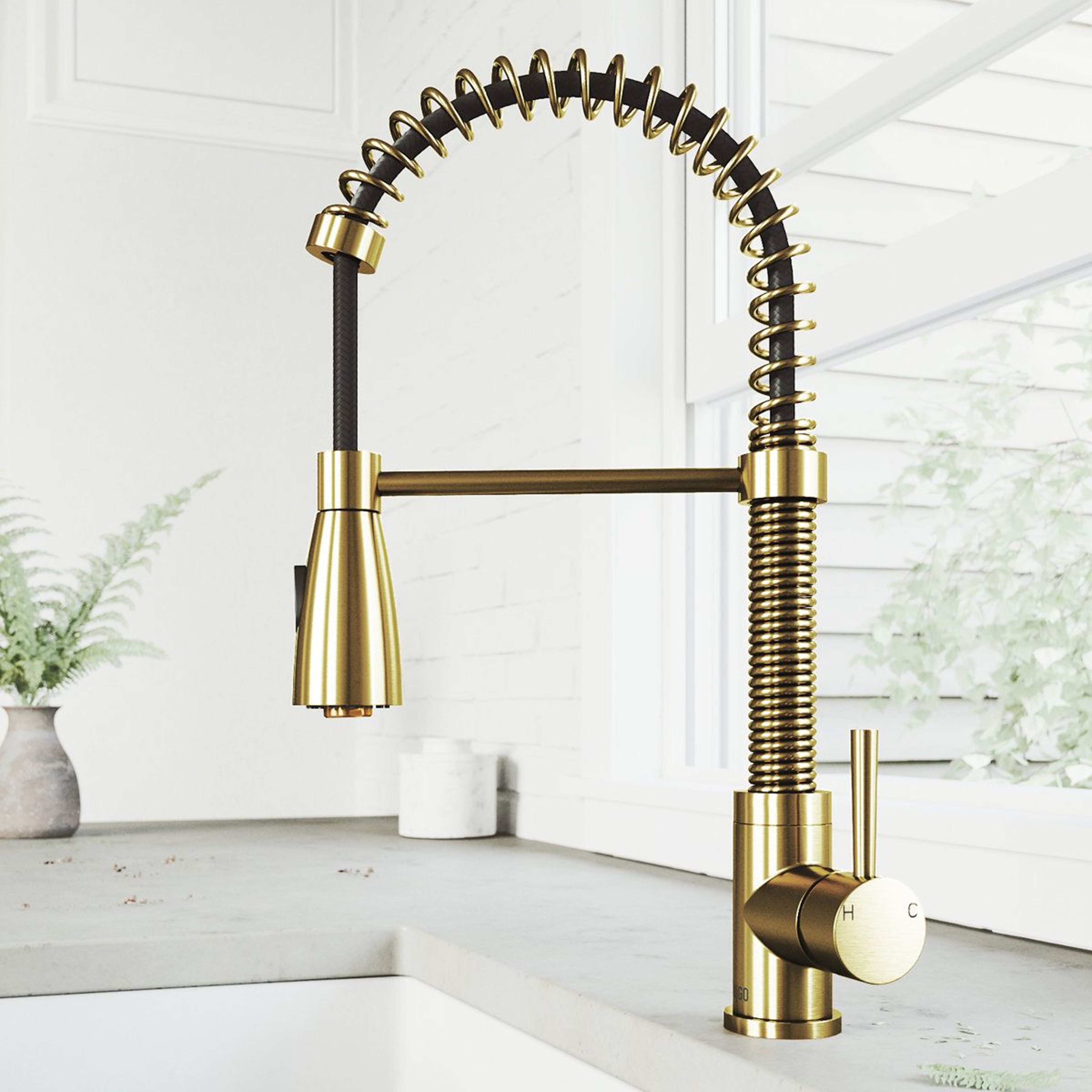 19 H Open Coil Pull Down Single Handle Kitchen Faucet Dual Spray High Arc Brass 8