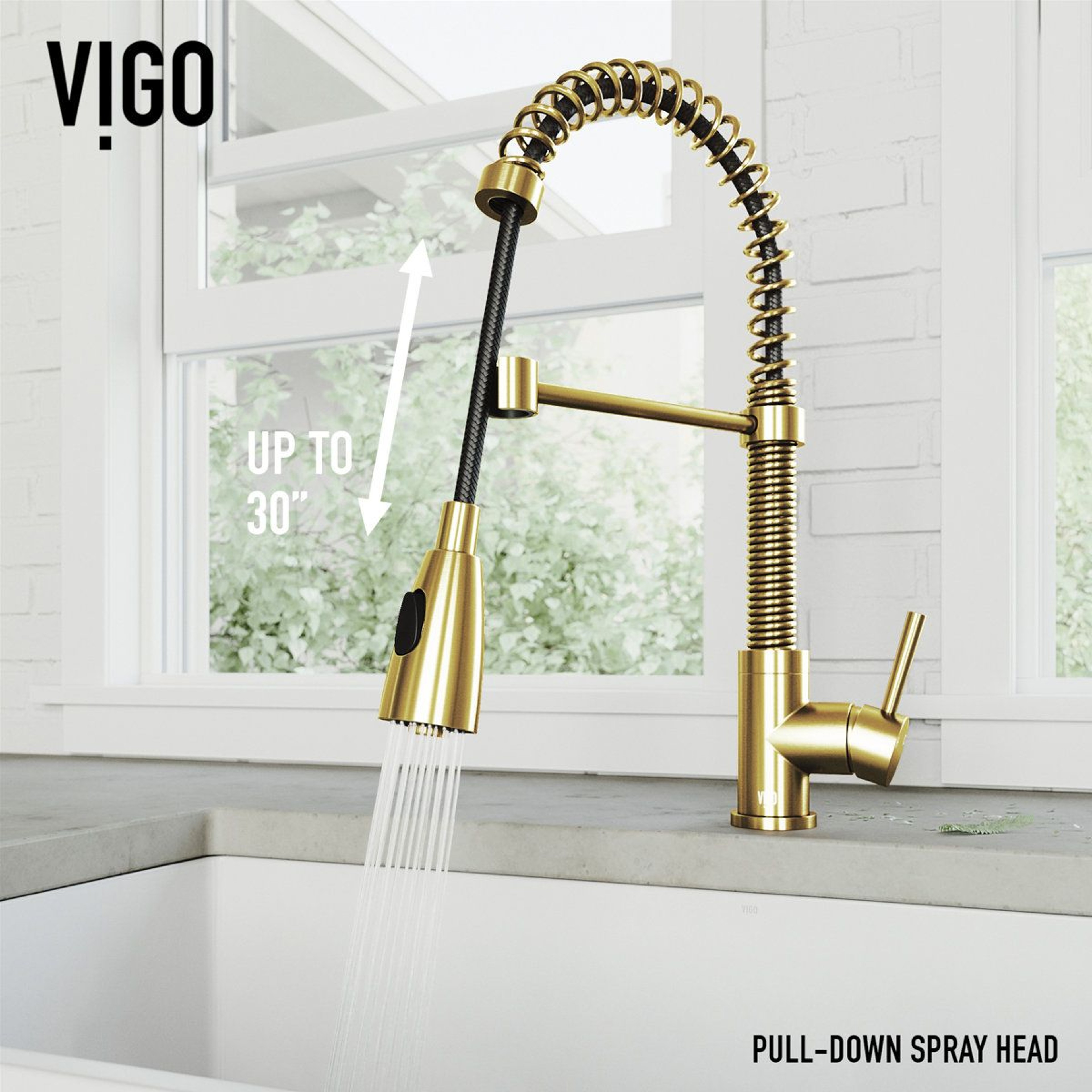 19 H Open Coil Pull Down Single Handle Kitchen Faucet Dual Spray High Arc Brass 7