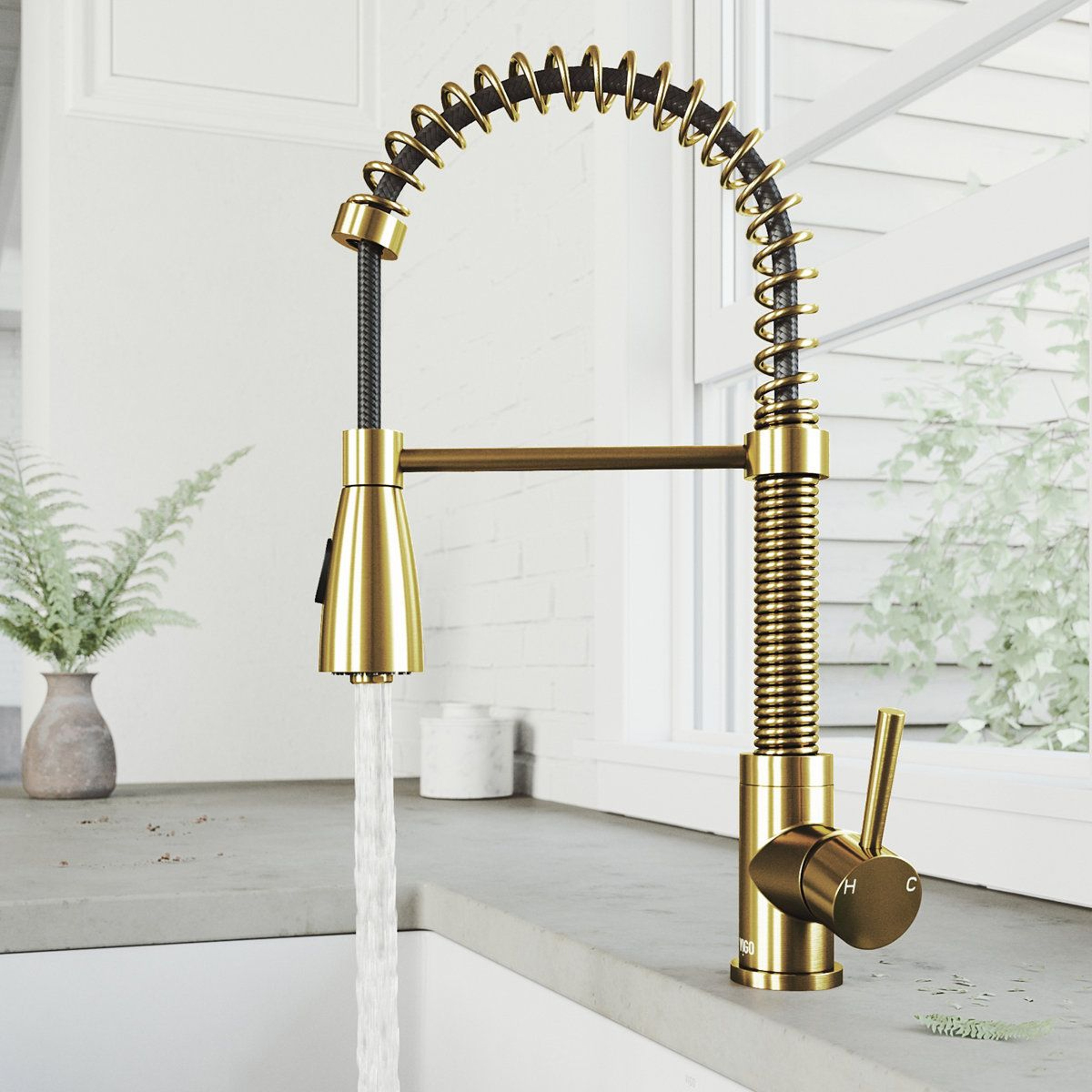 19 H Open Coil Pull Down Single Handle Kitchen Faucet Dual Spray High Arc Brass 5