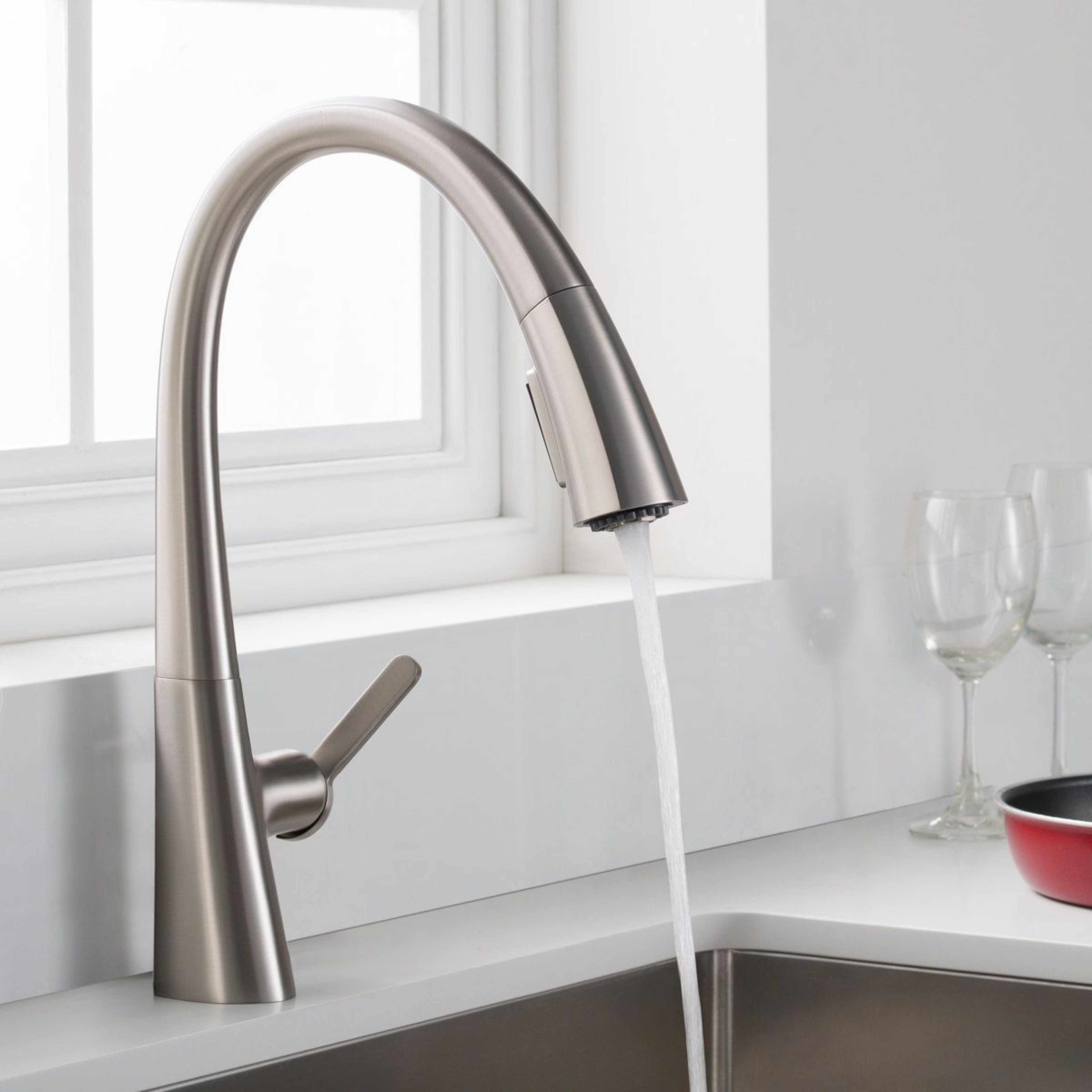 Pull Down Single Handle Kitchen Faucet With High Arc Swivel Spout 9