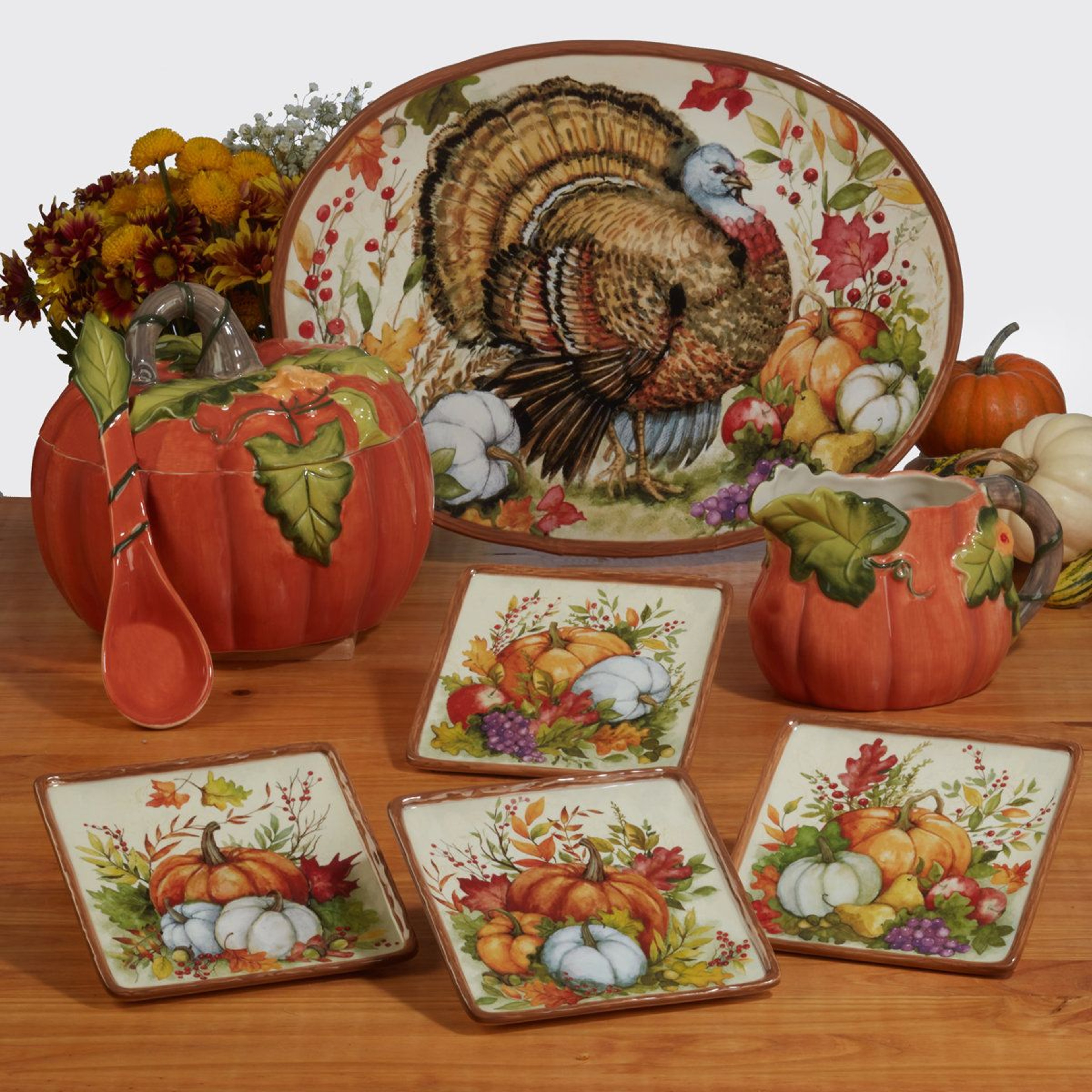 Harvest Fall Flowers And Pumpkin Oval Earthenware Turkey Platter 1