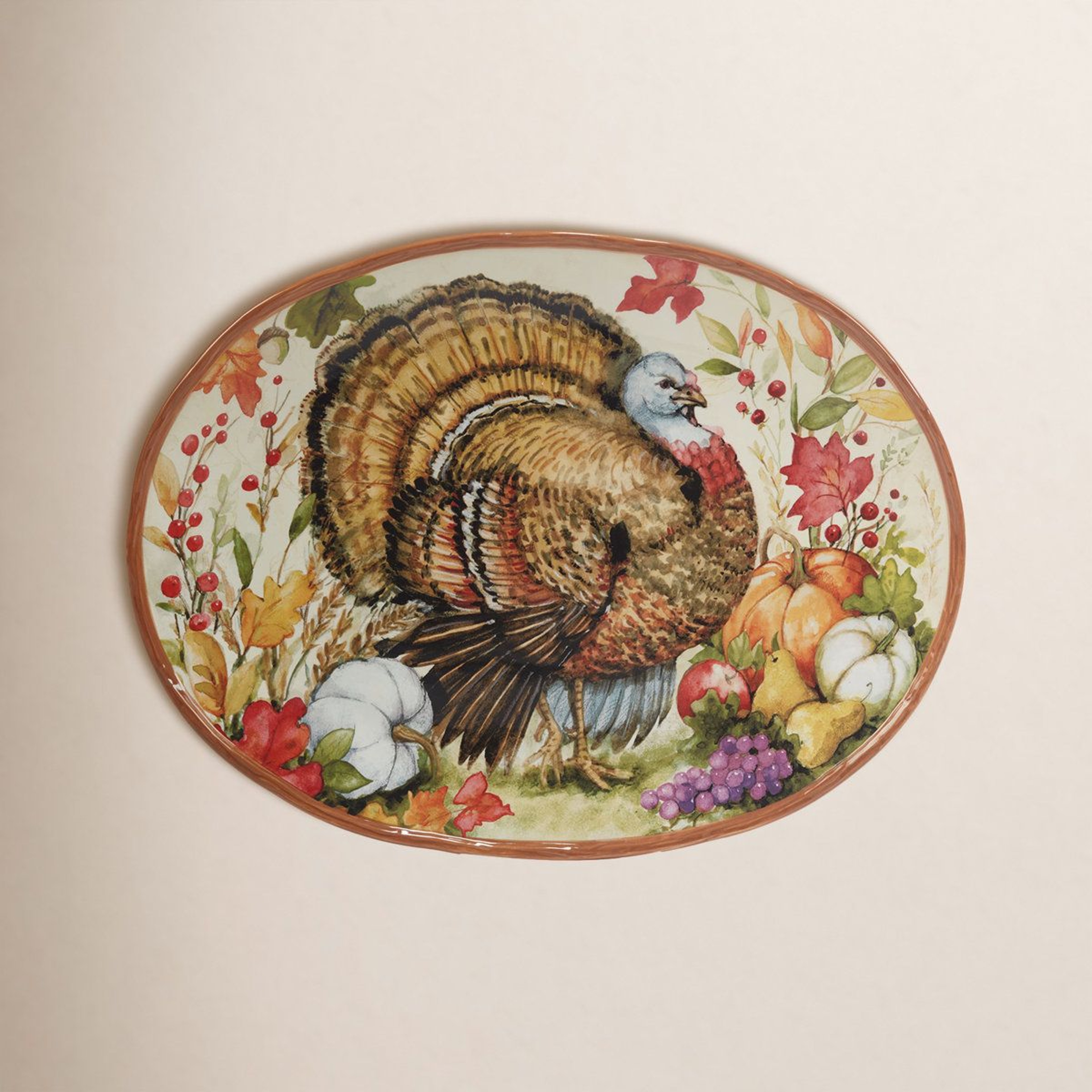 Harvest Fall Flowers And Pumpkin Oval Earthenware Turkey Platter 2