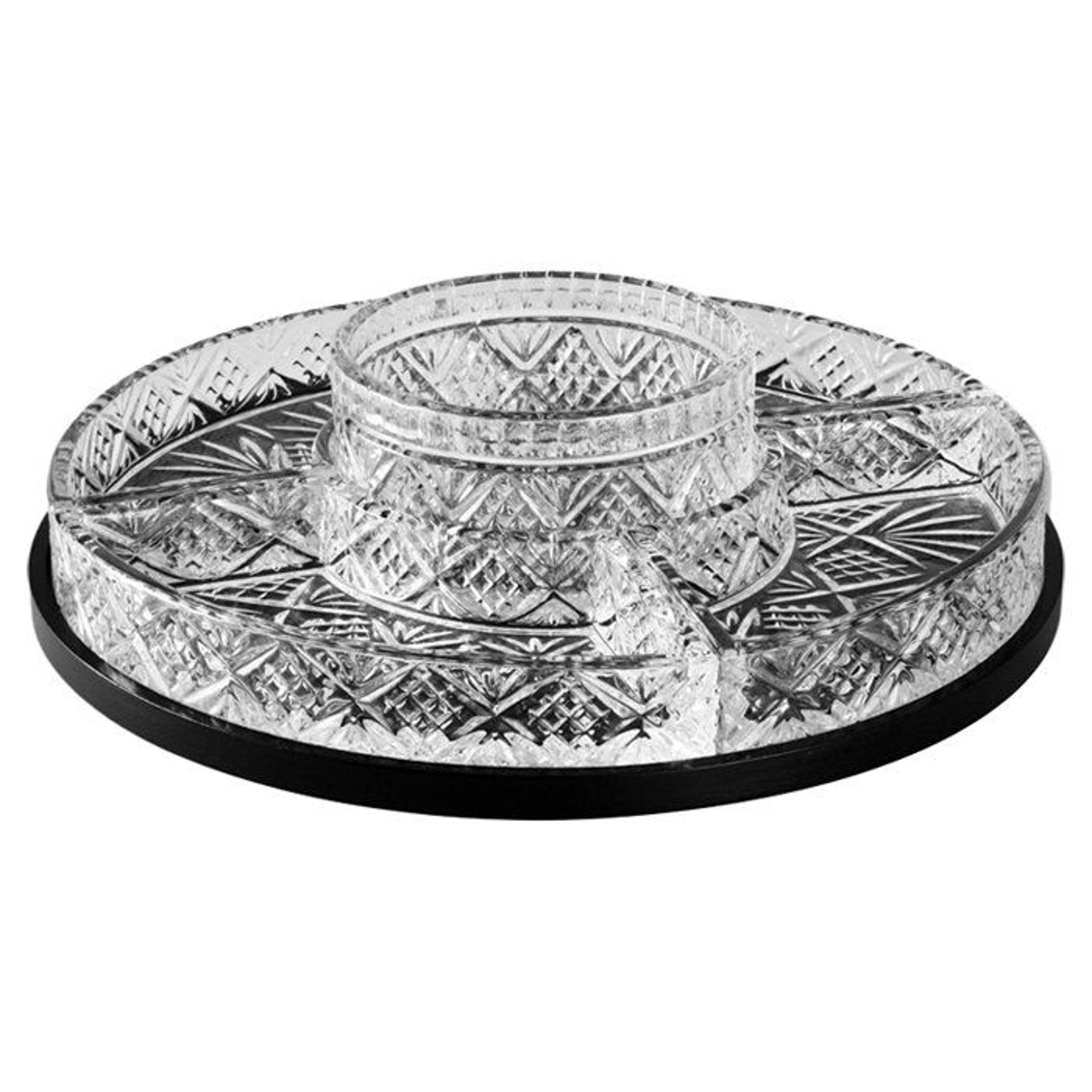 5 Section Round Crystal Chip And Dip Platter Lazy Susan Clear And Black 1