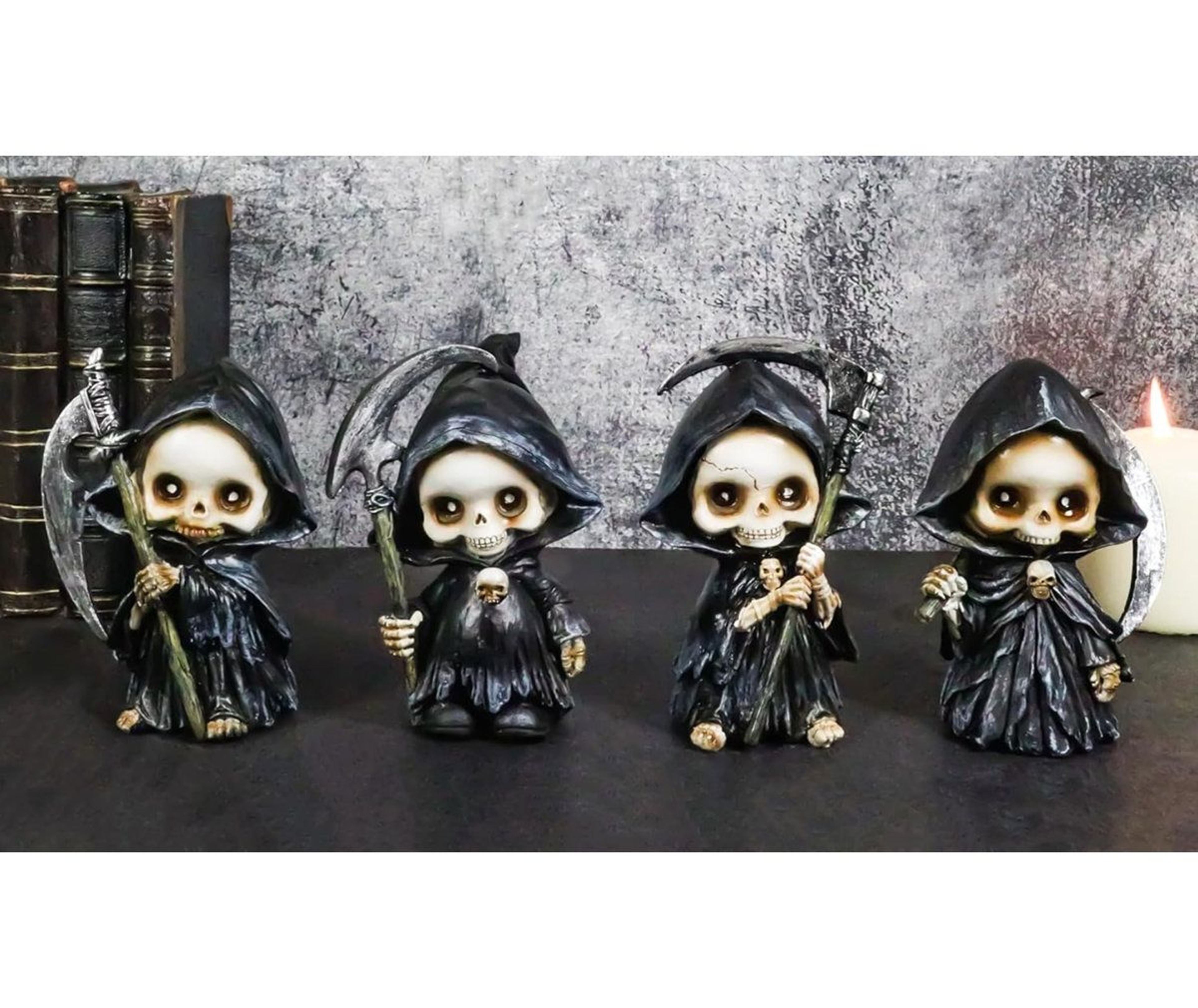 Grim Reaper Figurines Set Of 4 Chibi Skeleton Statues With Scythes 0