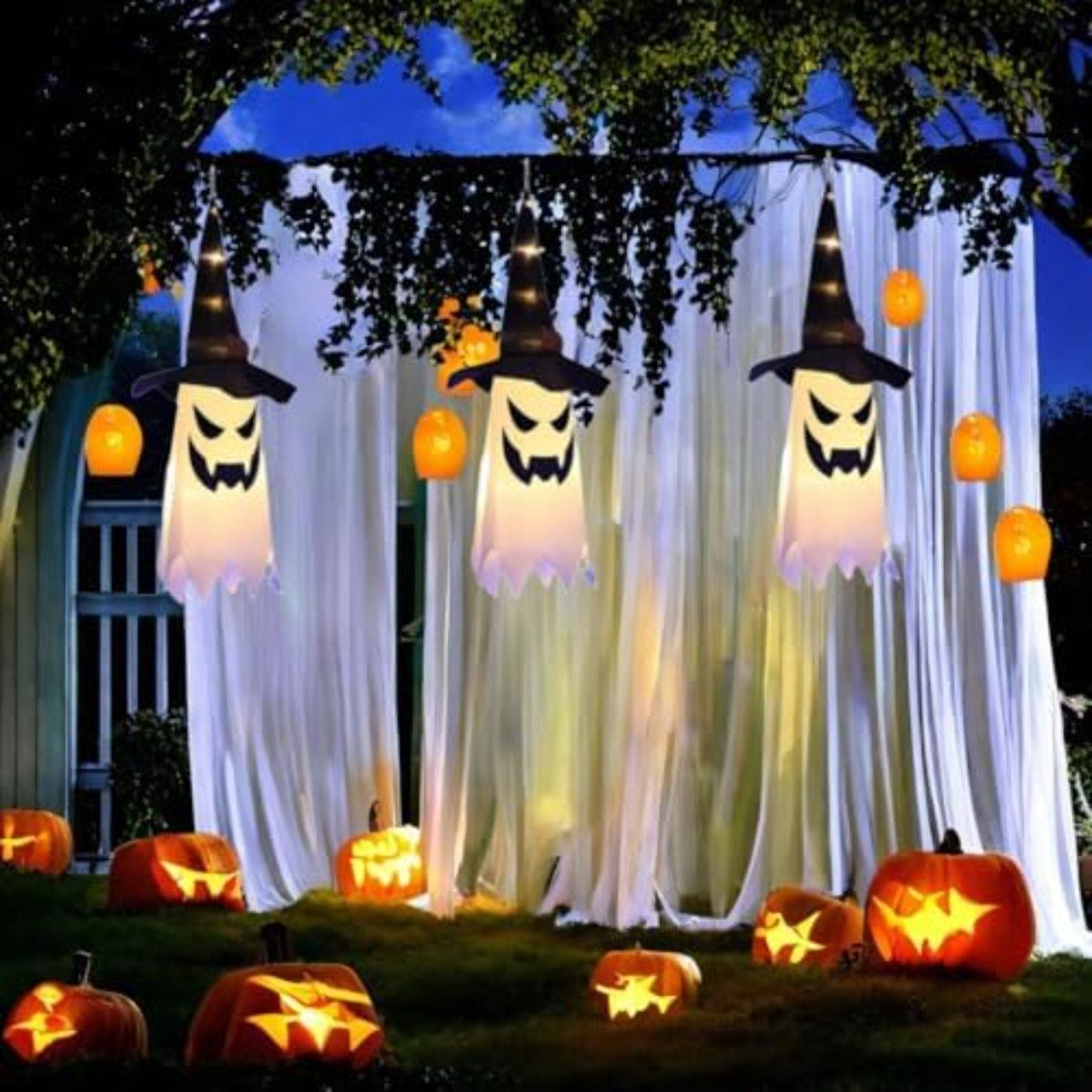 Halloween Hanging Ghost Decorations With Glowing Witch Hats For Indoor And Outdoor Decor 2