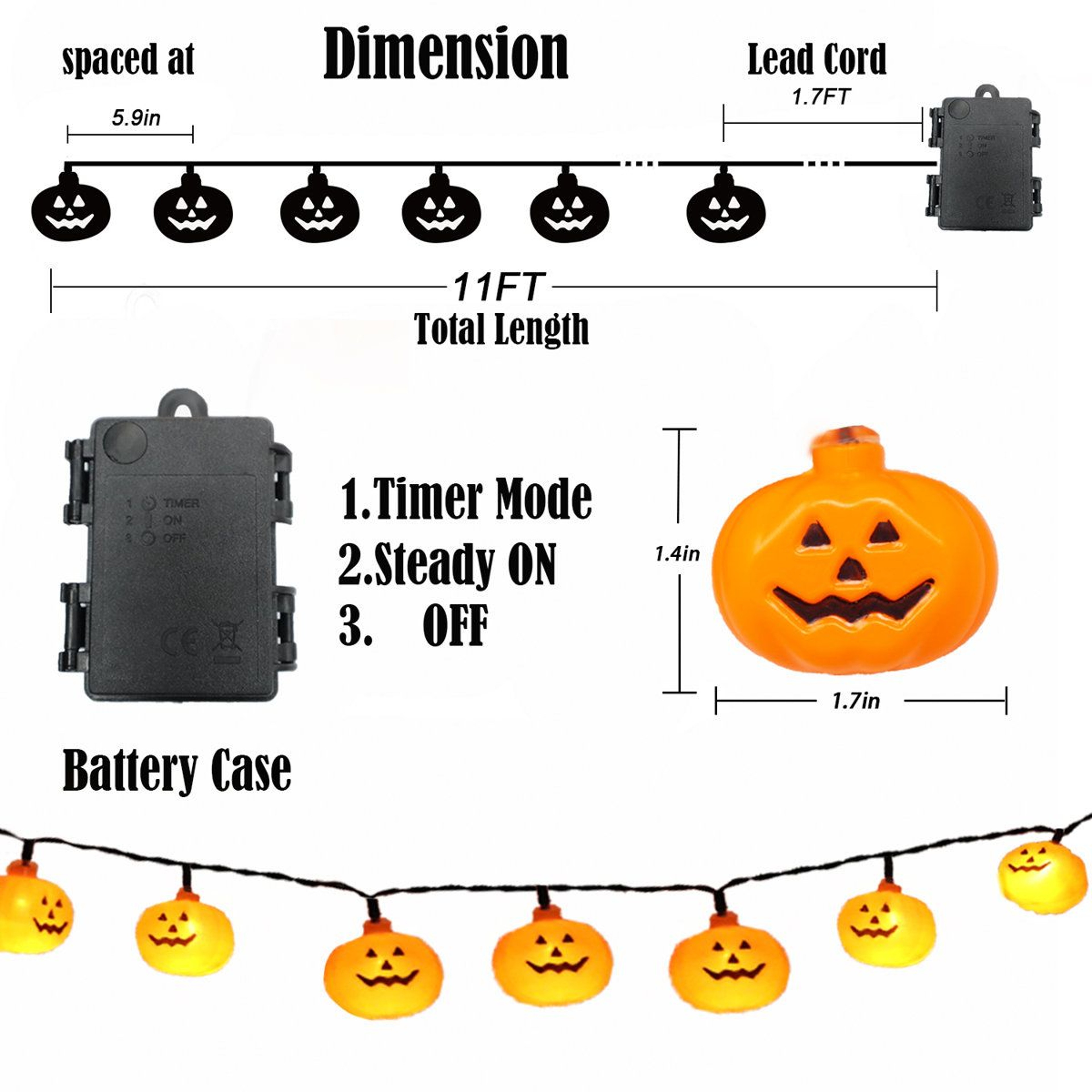 20 LED Pumpkin String Lights Battery Powered Warm Thanksgiving Decor 2