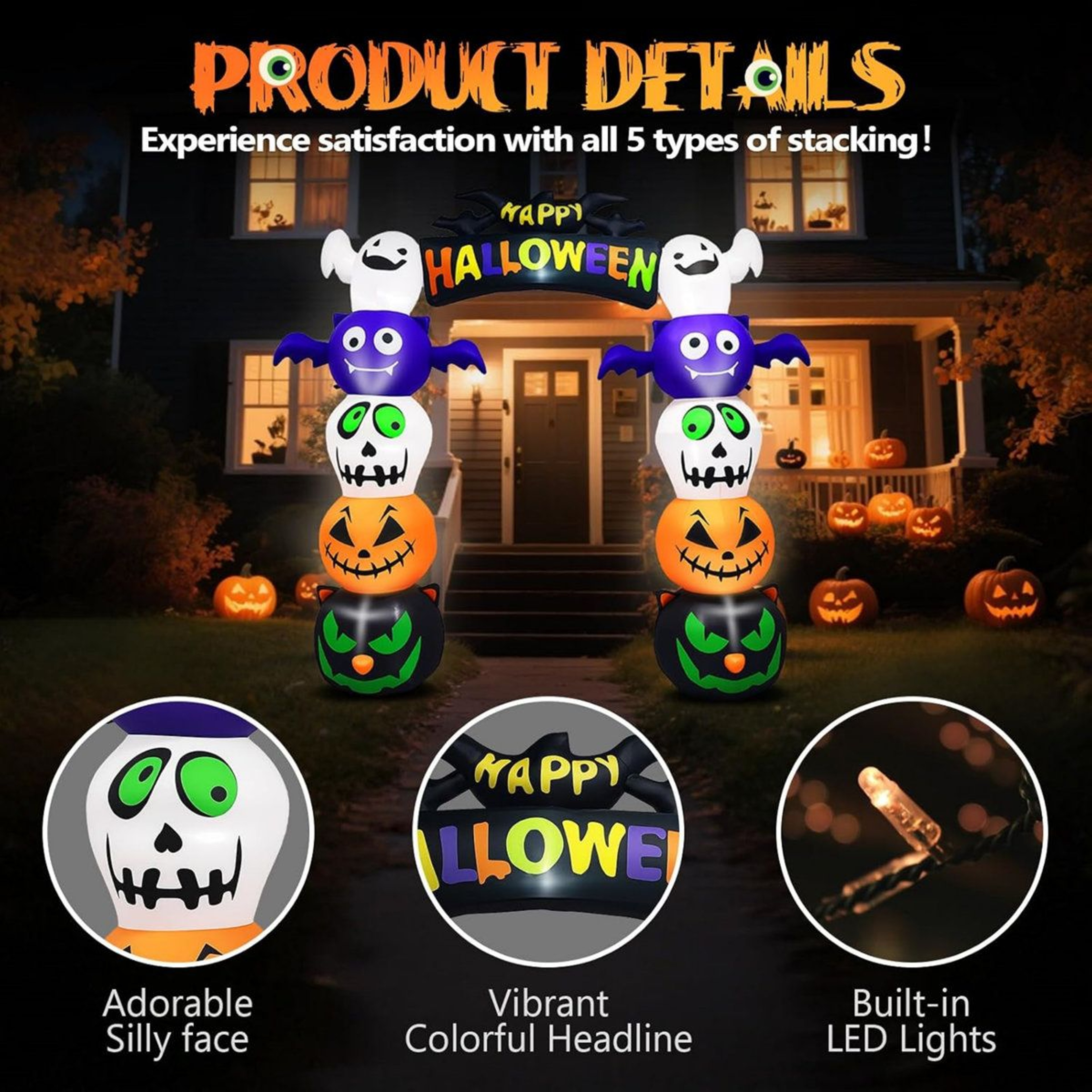 82 FT Halloween Inflatable Archway With LED Lights And Pumpkin Ghost Bat Decorations 7