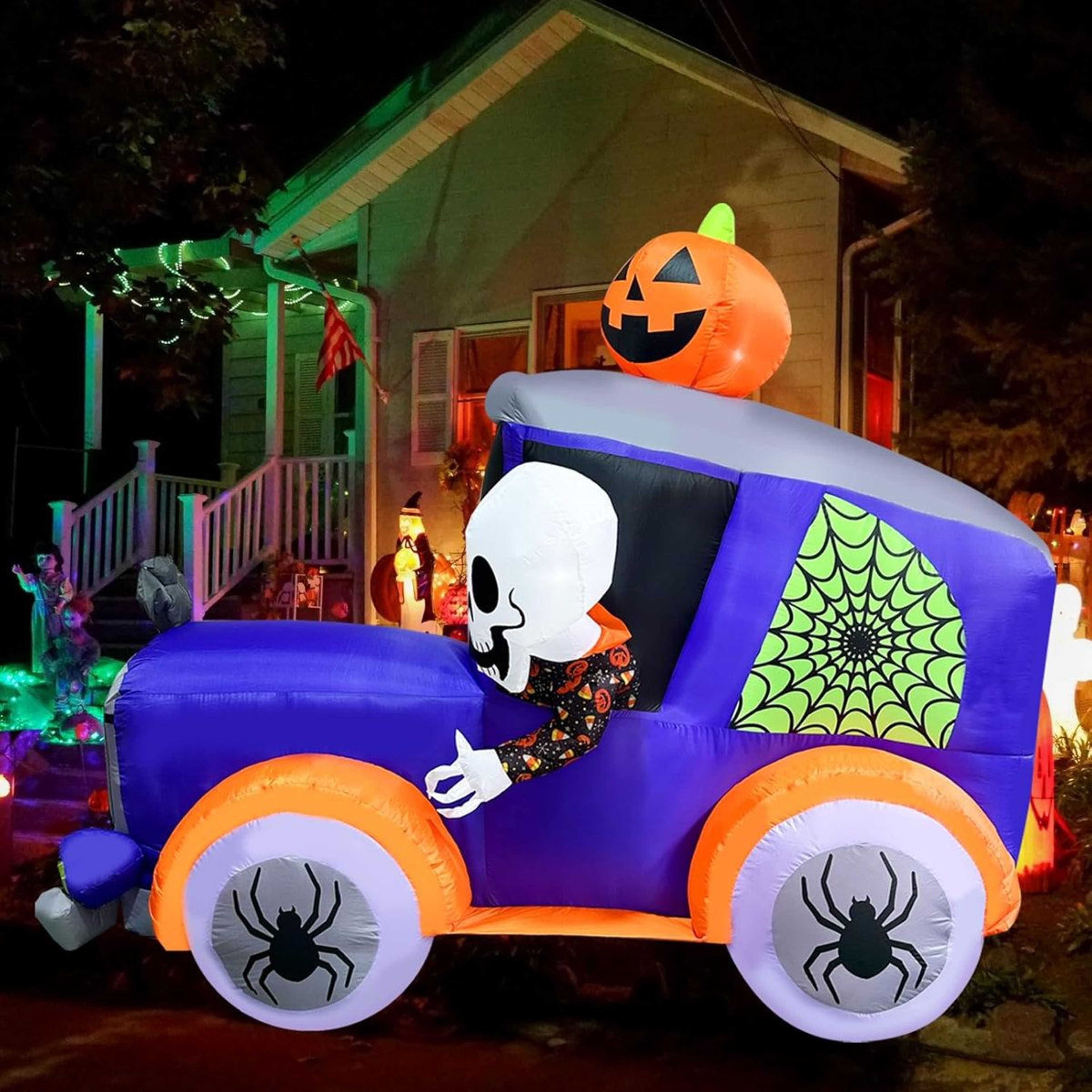 8 Ft Halloween Inflatable Monster Truck With Skull Skeleton Pumpkin And Spider Decorations 1