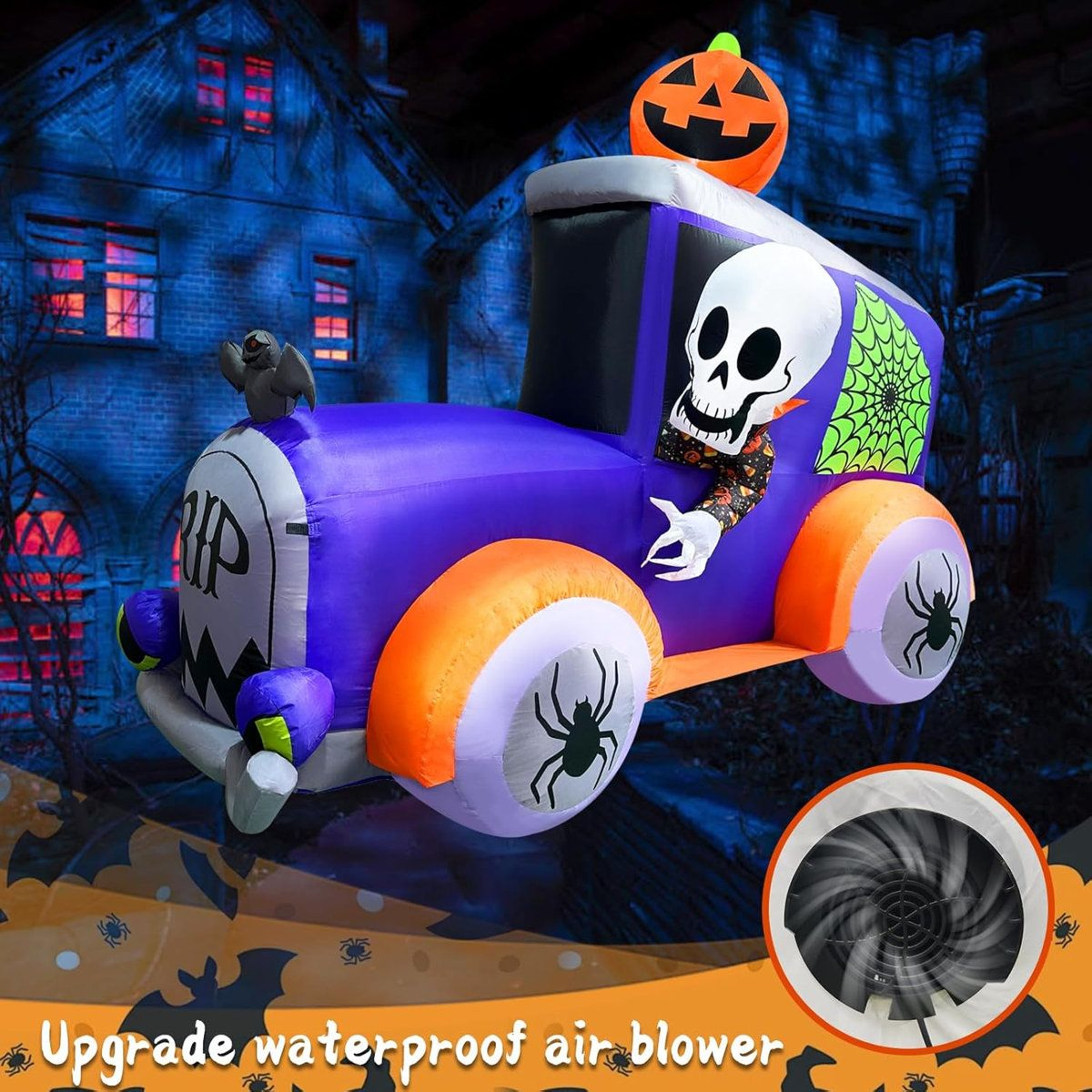 8 Ft Halloween Inflatable Monster Truck With Skull Skeleton Pumpkin And Spider Decorations 6