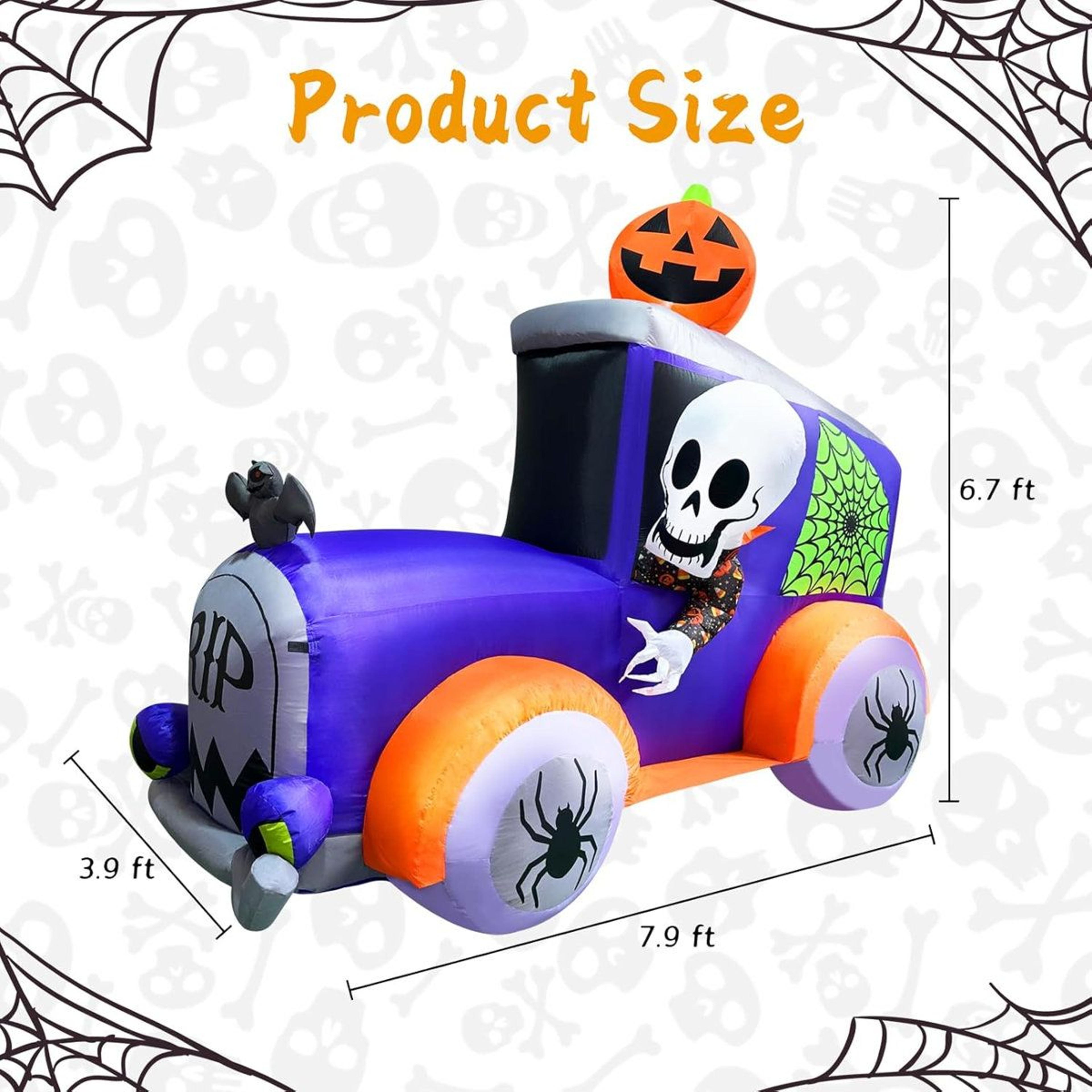 8 Ft Halloween Inflatable Monster Truck With Skull Skeleton Pumpkin And Spider Decorations 2