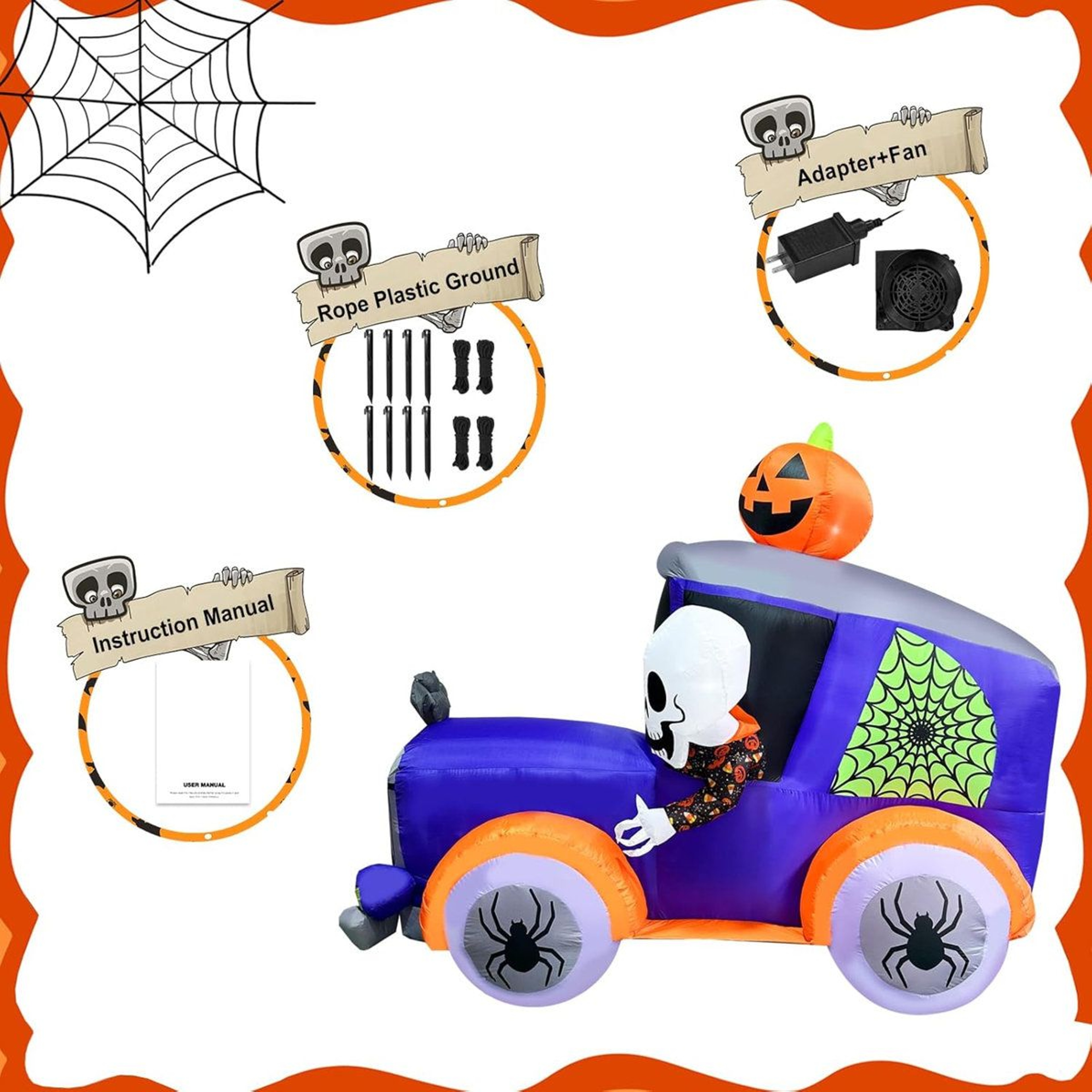 8 Ft Halloween Inflatable Monster Truck With Skull Skeleton Pumpkin And Spider Decorations 5