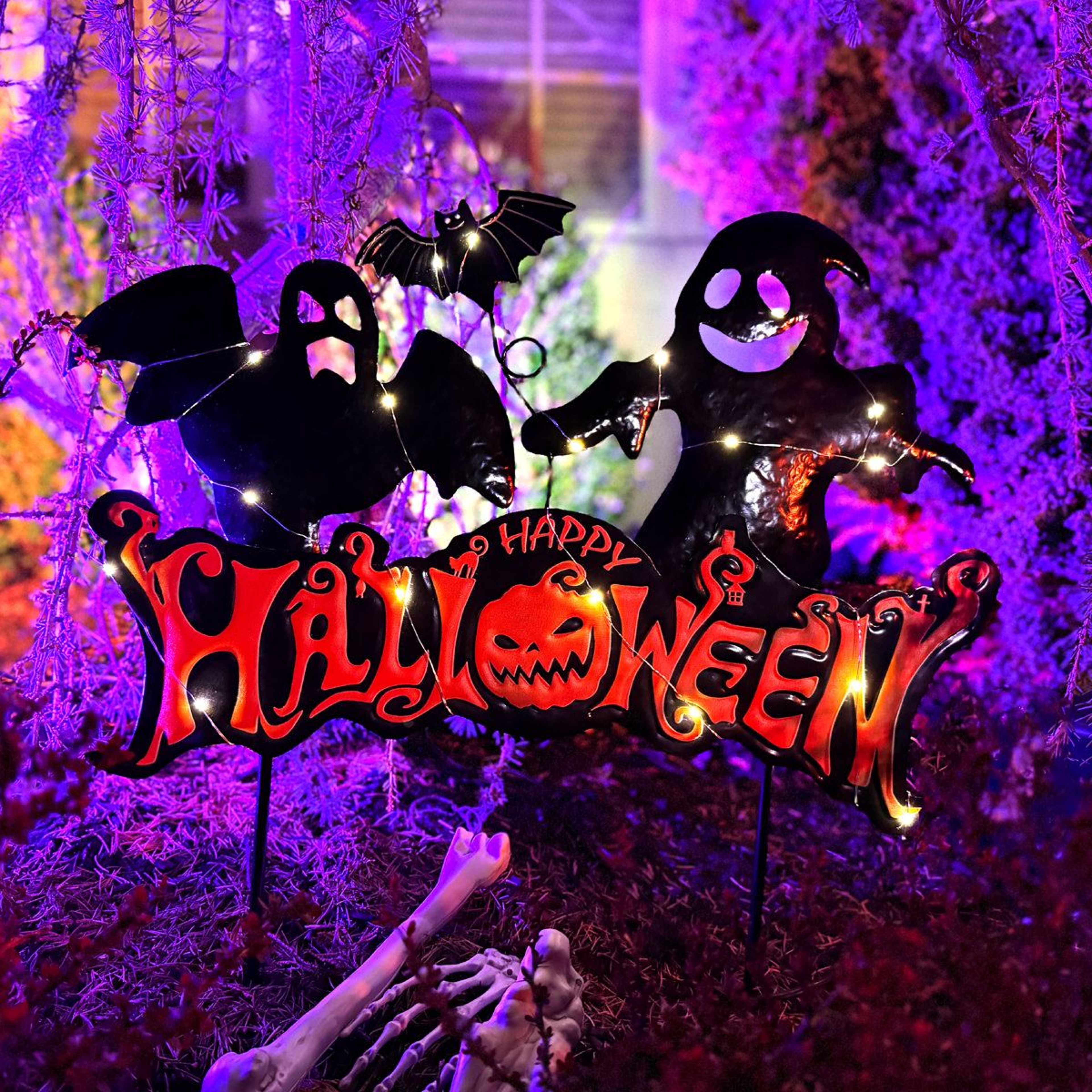 24Inch LED Happy Halloween Sign With Ghosts And Ground Stake 6