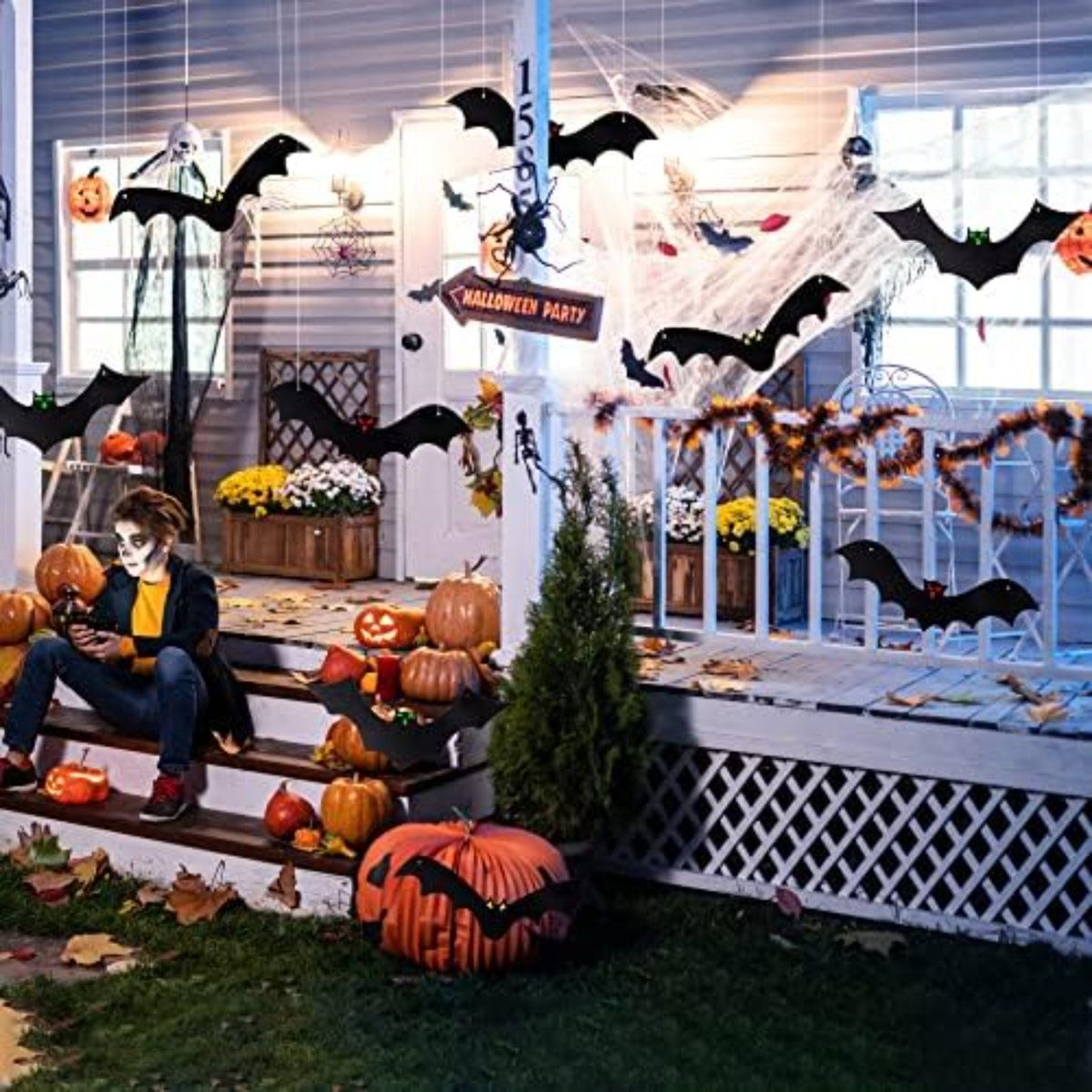 Halloween Hanging Bats 12Piece 3D Black Bat Decorations With Glowing Eye Stickers 5