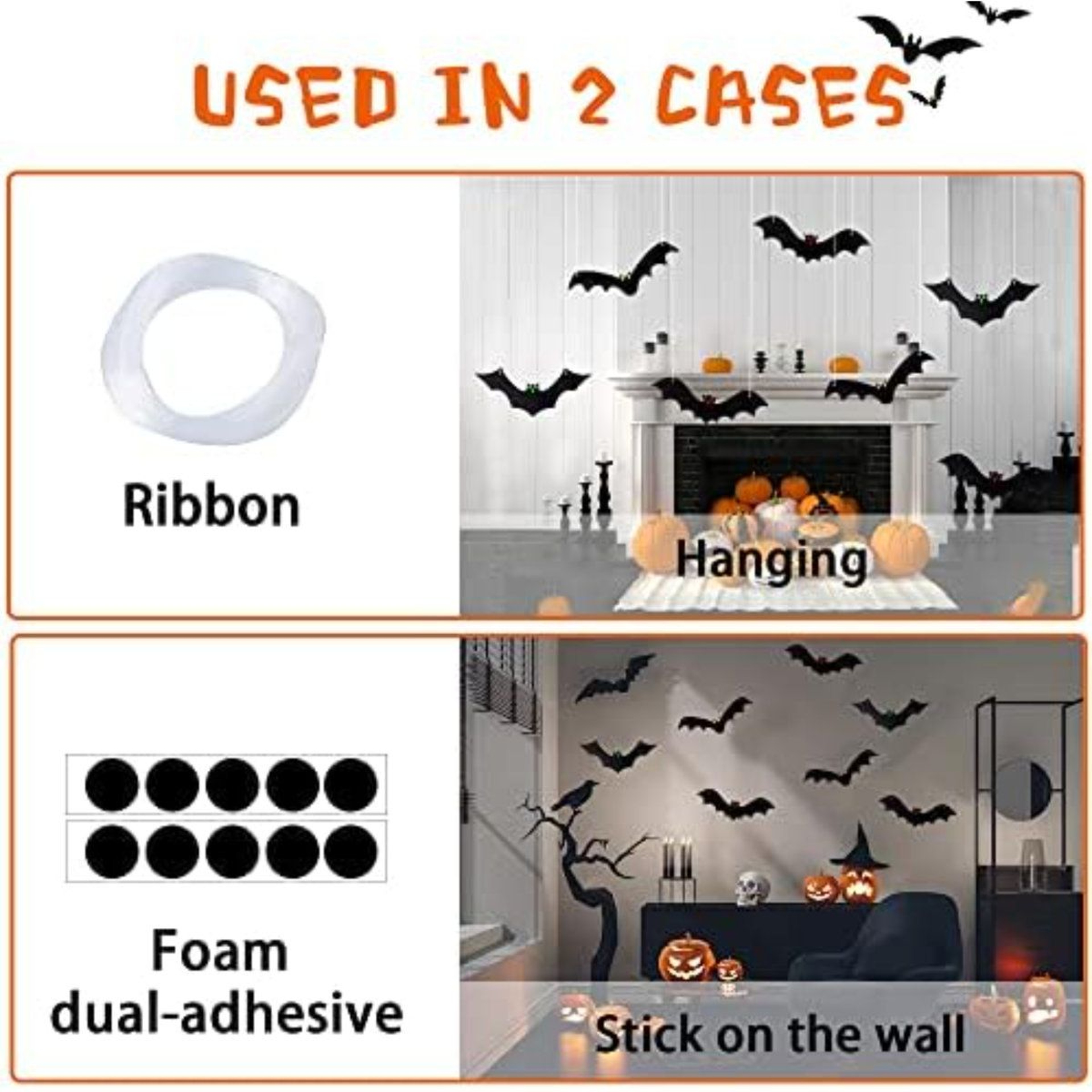Halloween Hanging Bats 12Piece 3D Black Bat Decorations With Glowing Eye Stickers 6