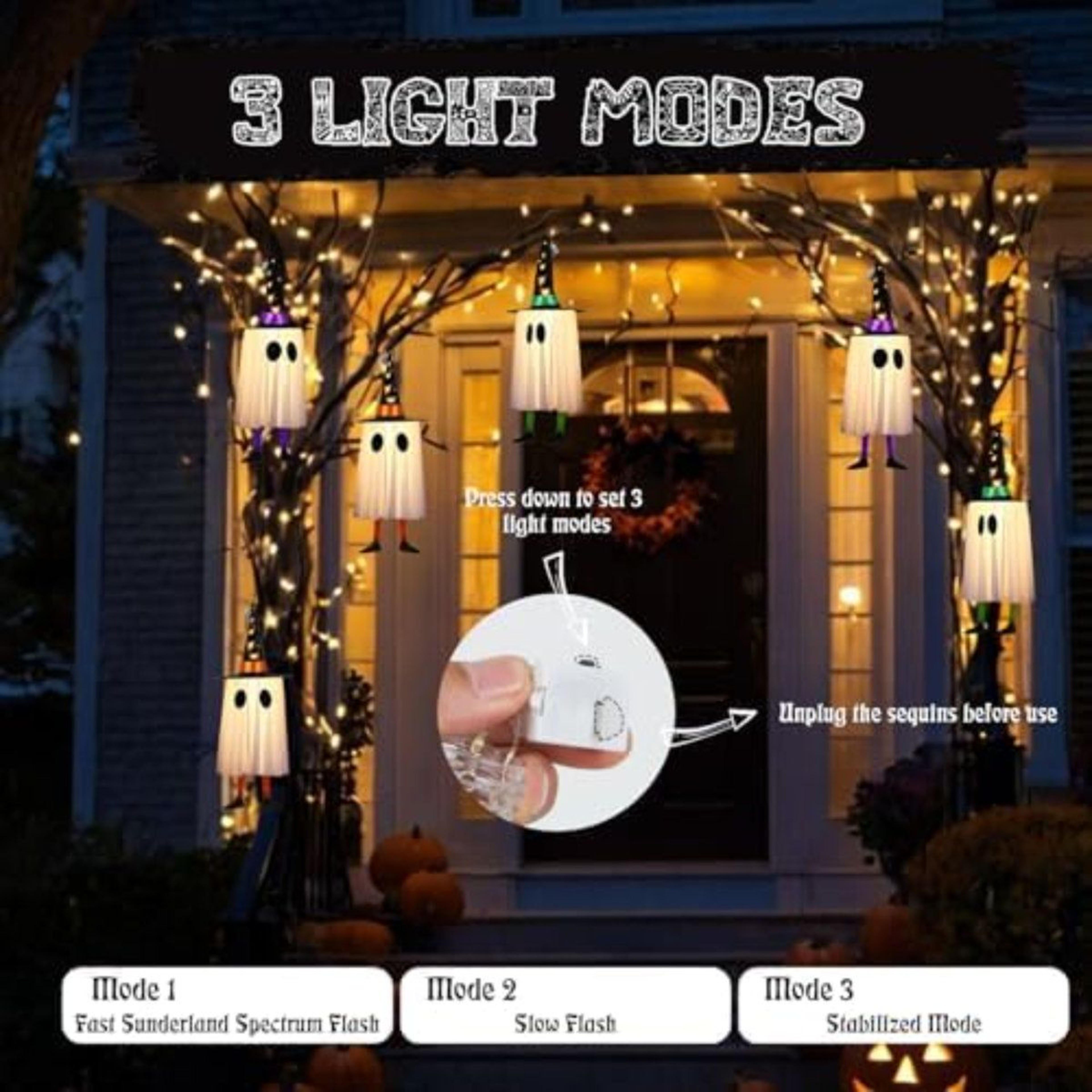LED Halloween Hanging Ghost Decorations With Pointed Hats And Multiple Lighting Effects 6
