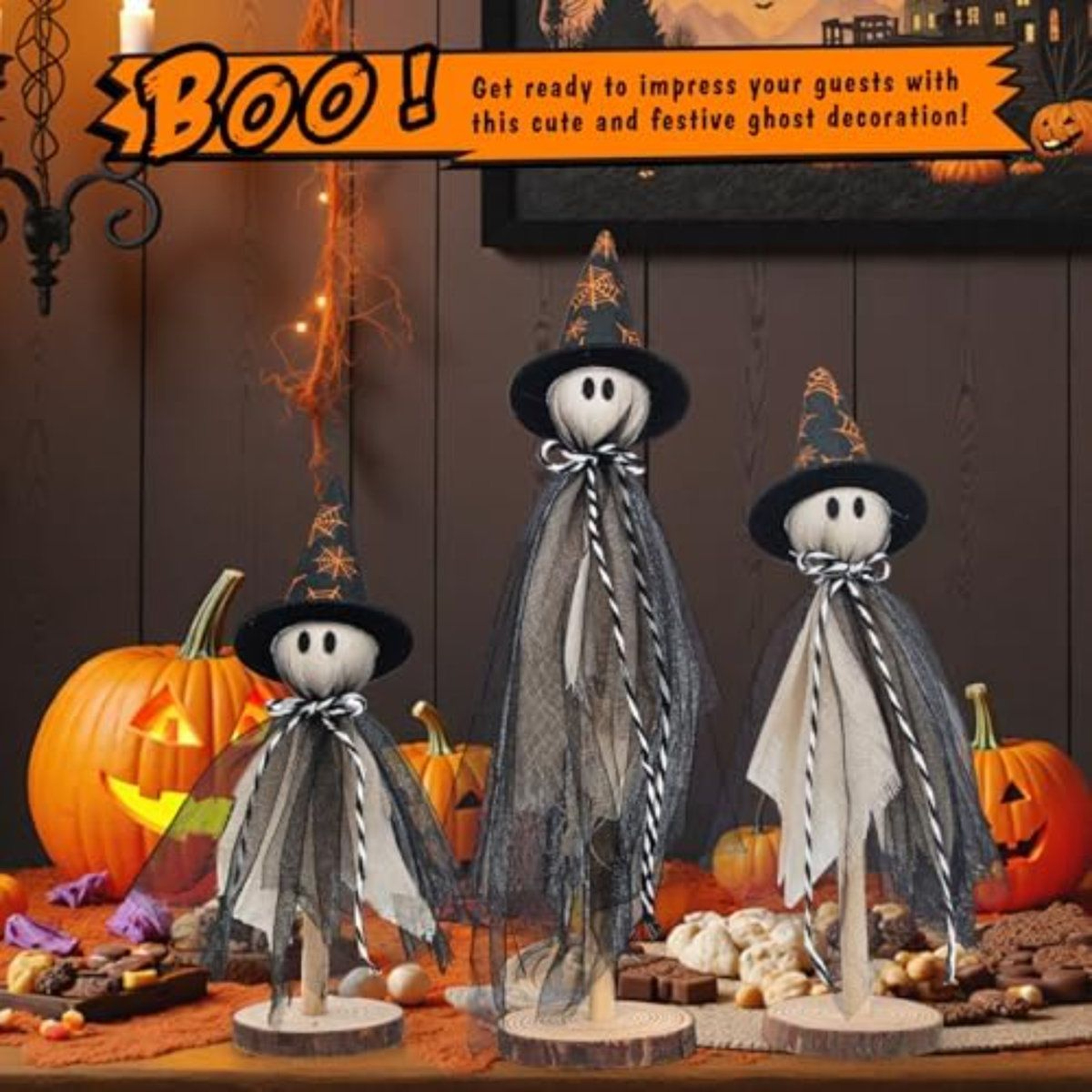 Halloween Ghost Shelf Sitters With Witch Hats And Spiderweb Design 4